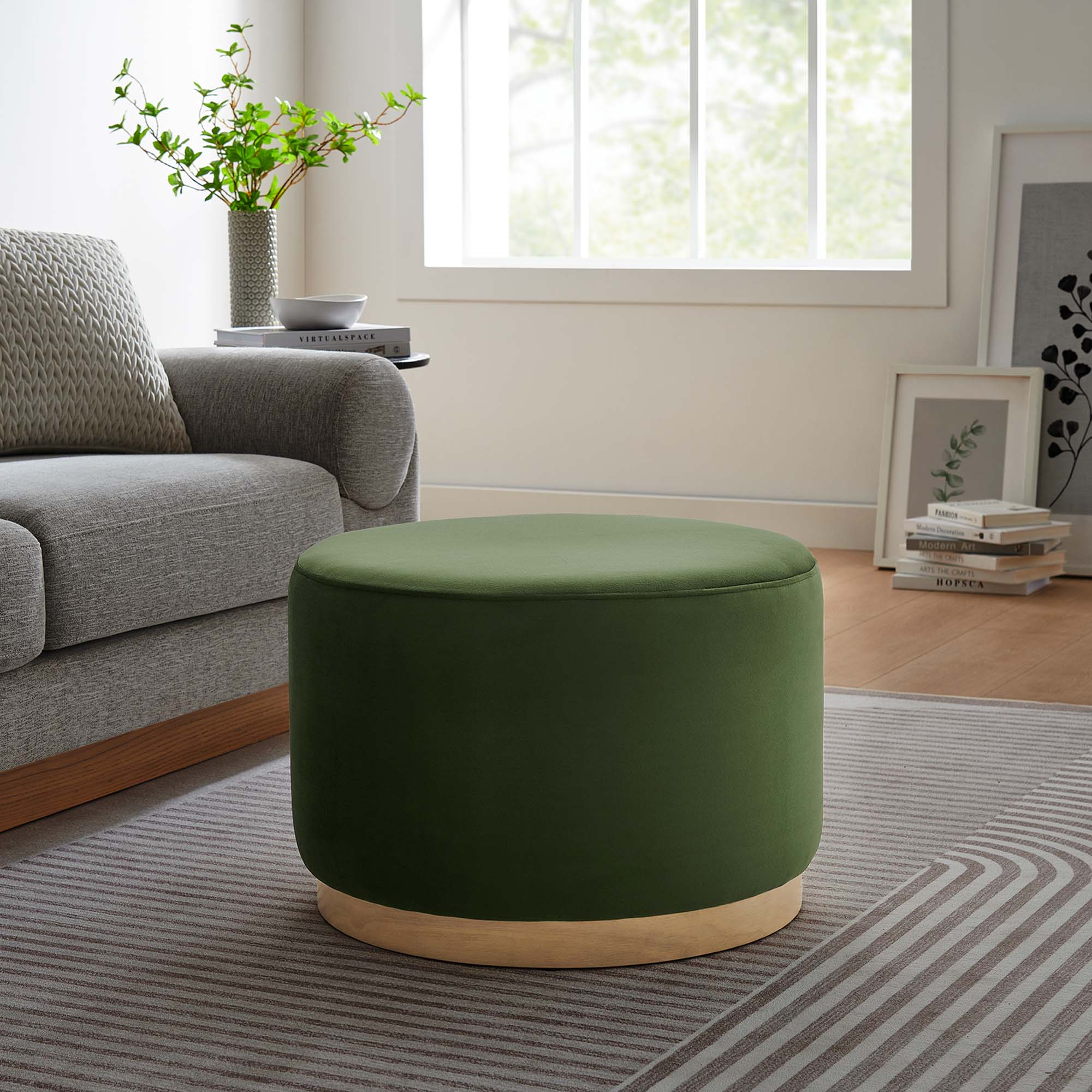 Tilden Large 23" Round Performance Velvet Upholstered Ottoman, Moss Green Natural