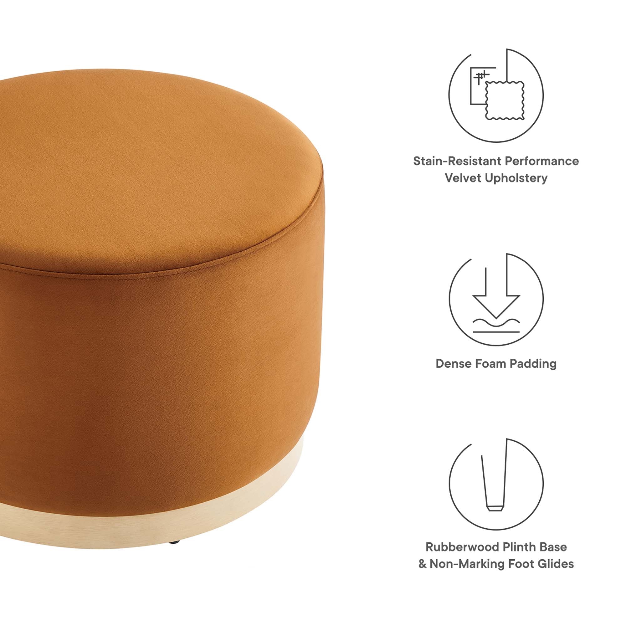 Tilden Large 23" Round Performance Velvet Upholstered Ottoman, Rust Natural