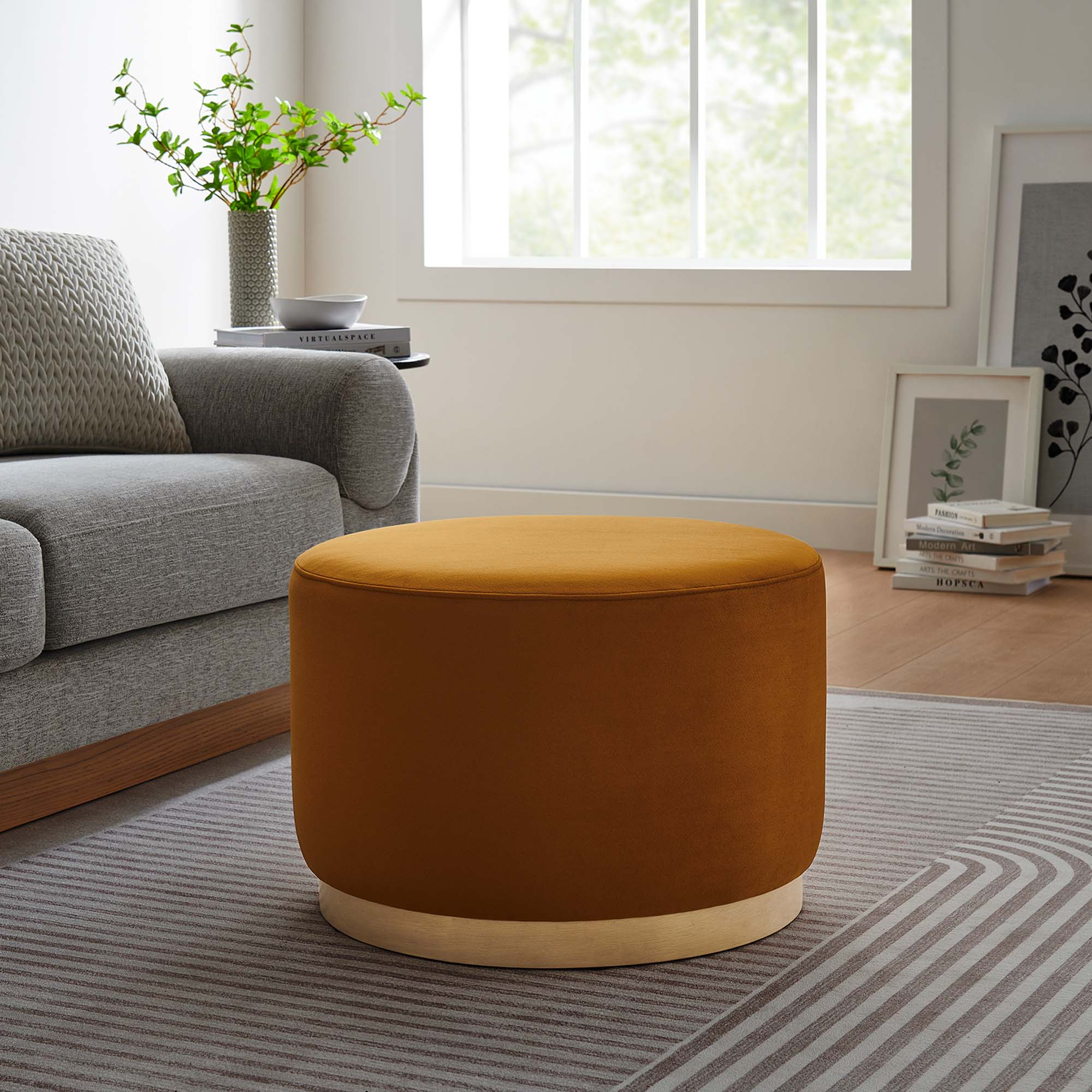 Tilden Large 23" Round Performance Velvet Upholstered Ottoman, Rust Natural