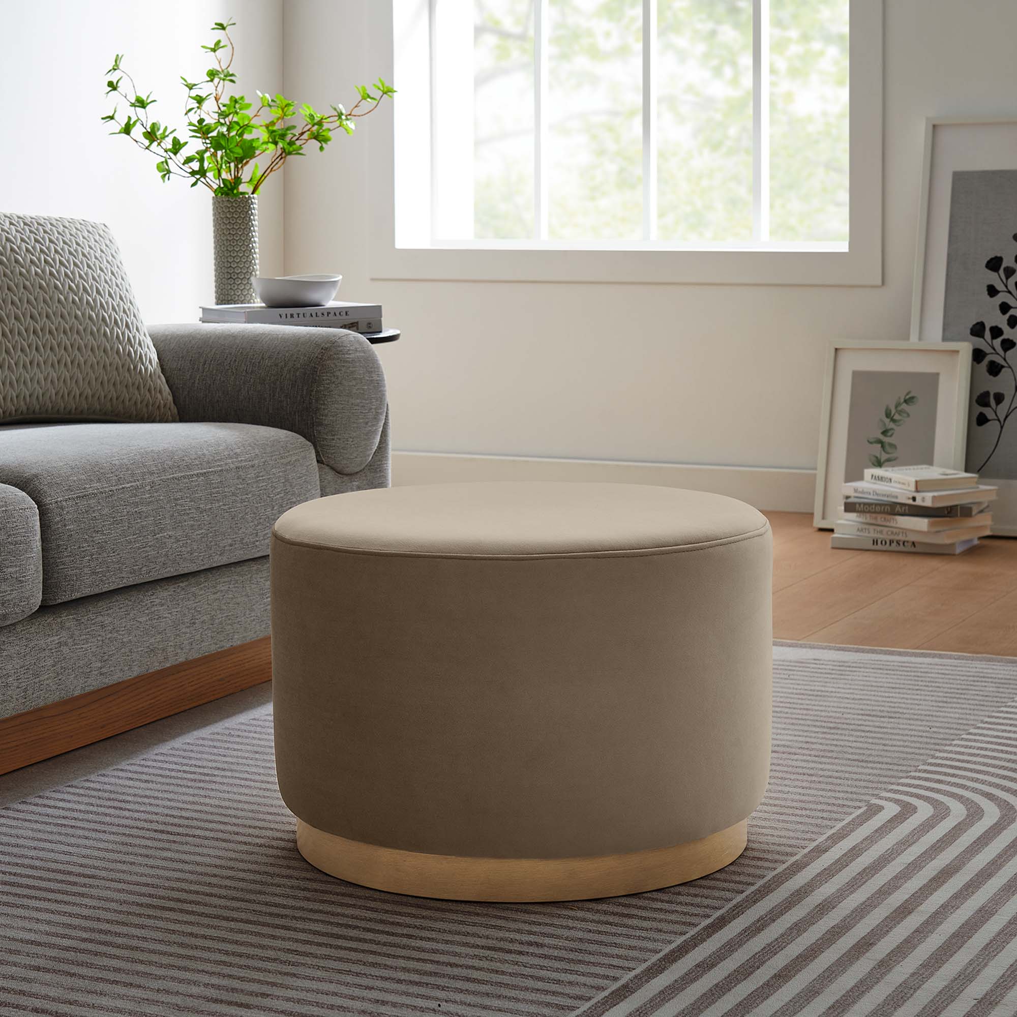 Tilden Large 23" Round Performance Velvet Upholstered Ottoman, Taupe Natural