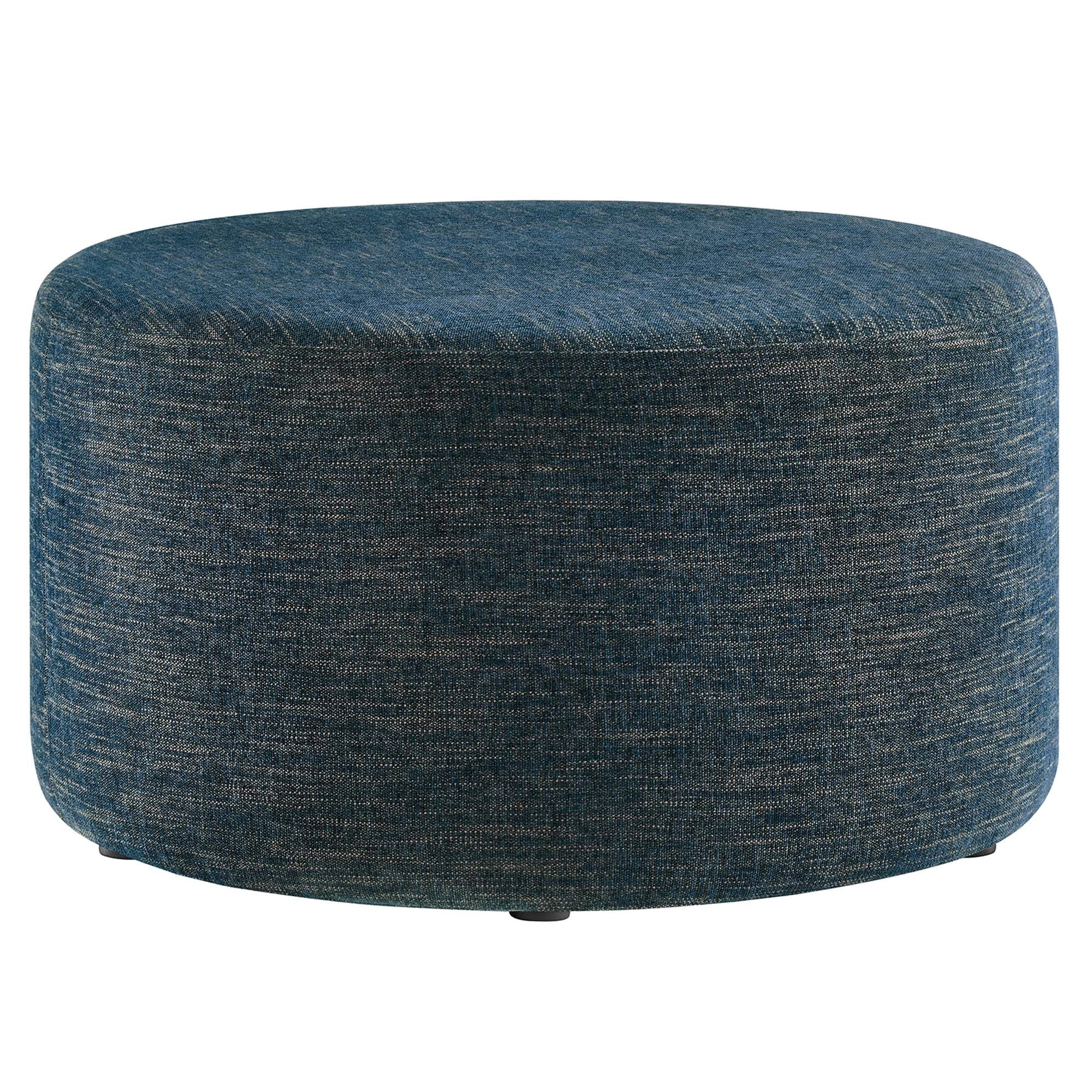 Callum Large 29" Round Woven Heathered Fabric Upholstered Ottoman, Heathered Weave Azure