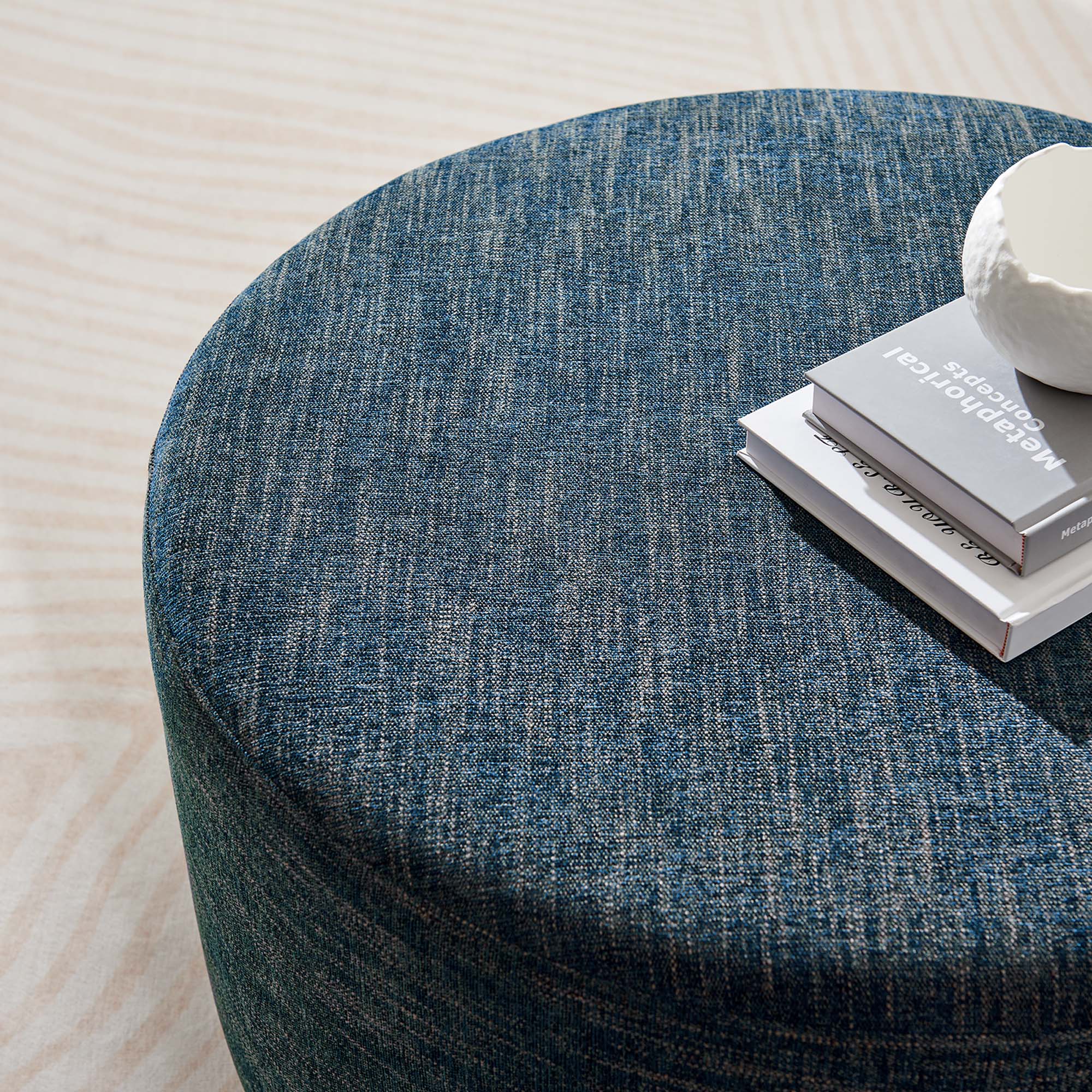 Callum Large 29" Round Woven Heathered Fabric Upholstered Ottoman, Heathered Weave Azure