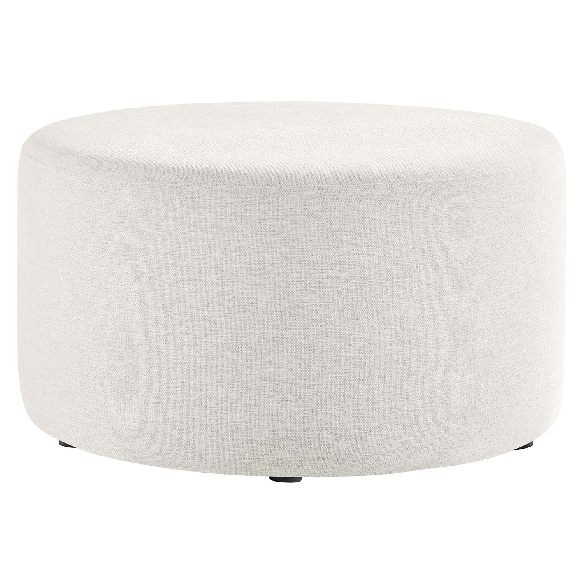 Callum Large 29" Round Woven Heathered Fabric Upholstered Ottoman, Heathered Weave Ivory