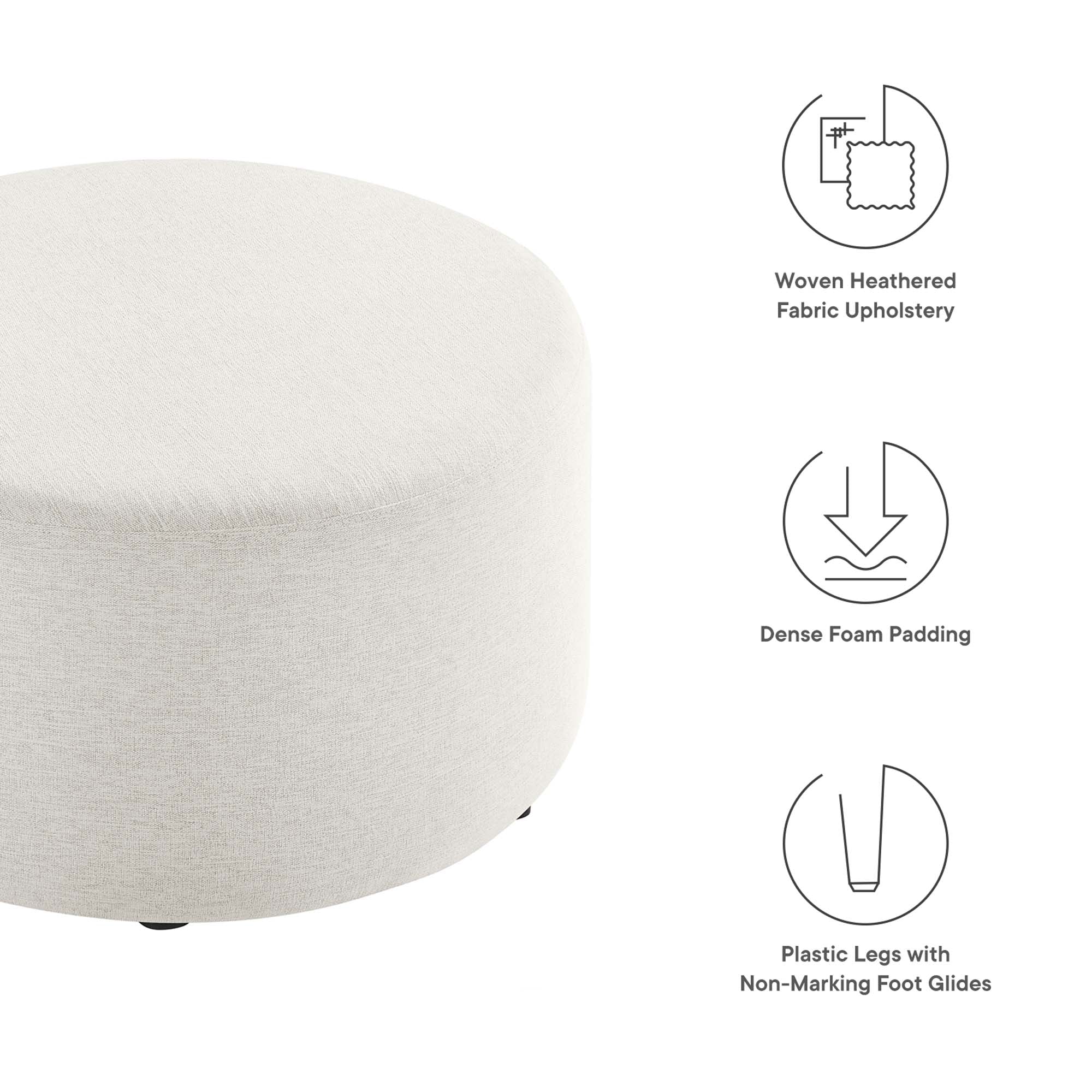 Callum Large 29" Round Woven Heathered Fabric Upholstered Ottoman, Heathered Weave Ivory