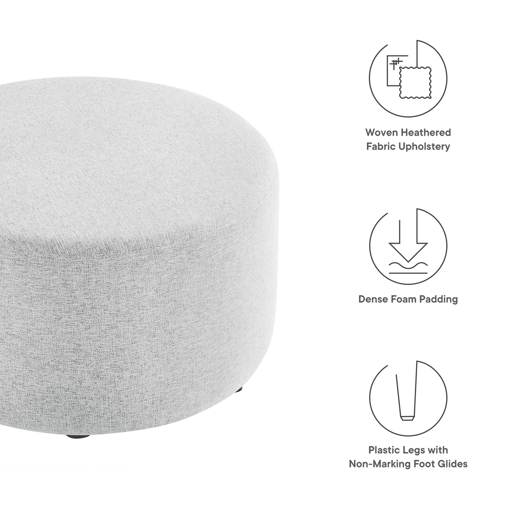Callum Large 29" Round Woven Heathered Fabric Upholstered Ottoman, Heathered Weave Light Gray