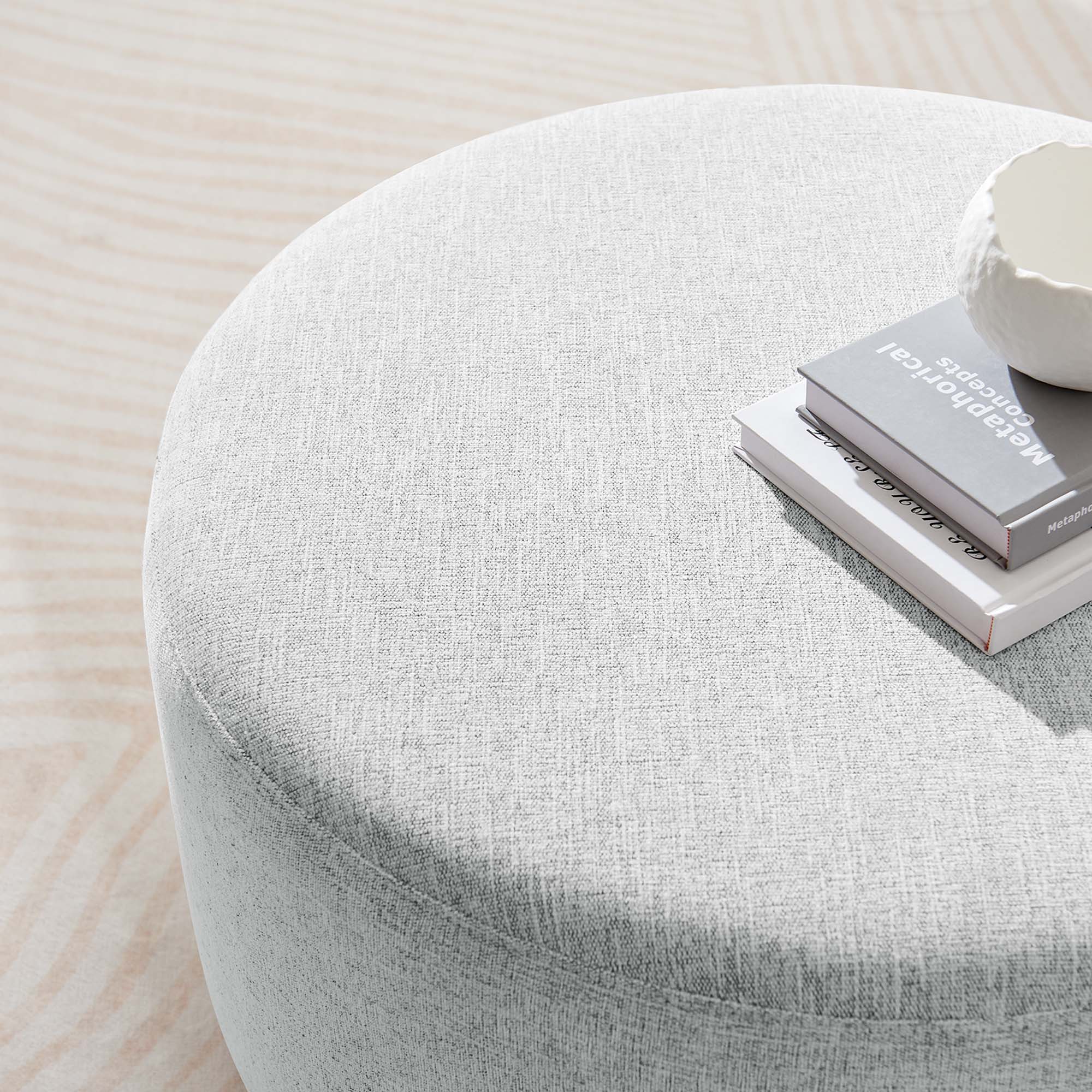 Callum Large 29" Round Woven Heathered Fabric Upholstered Ottoman, Heathered Weave Light Gray