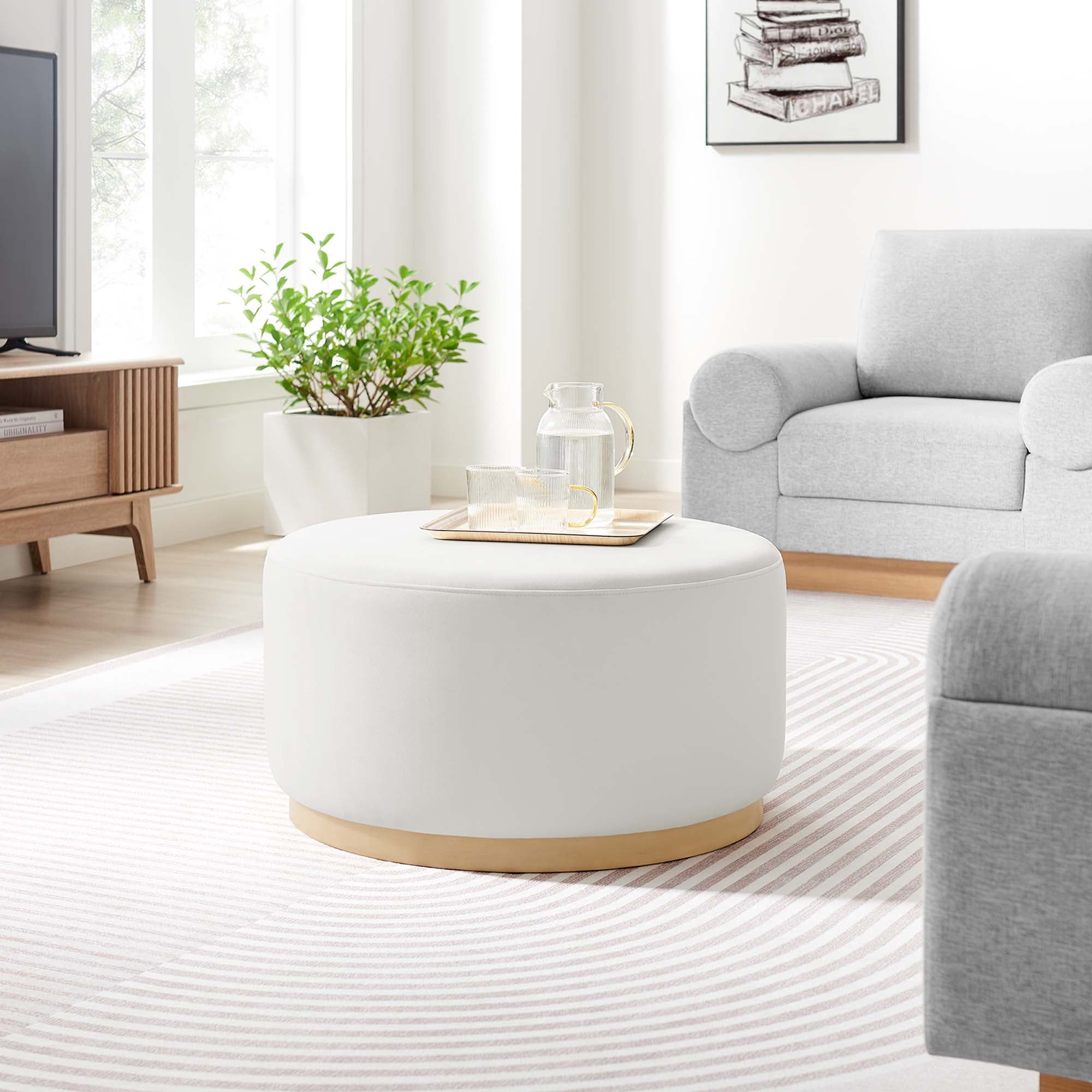 Tilden Large 29" Round Performance Velvet Upholstered Ottoman, Alabaster Natural