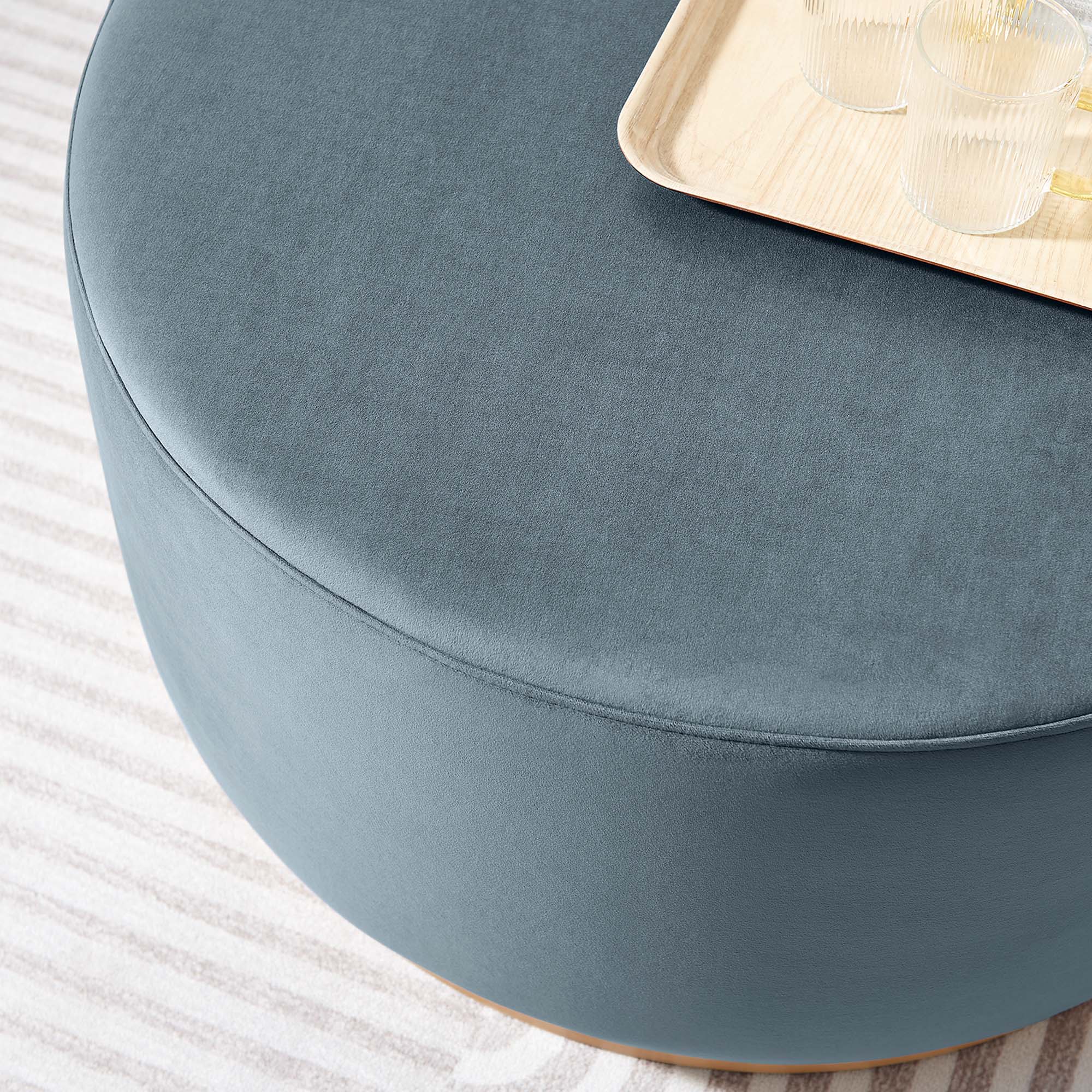 Tilden Large 29" Round Performance Velvet Upholstered Ottoman, Cadet Blue Natural