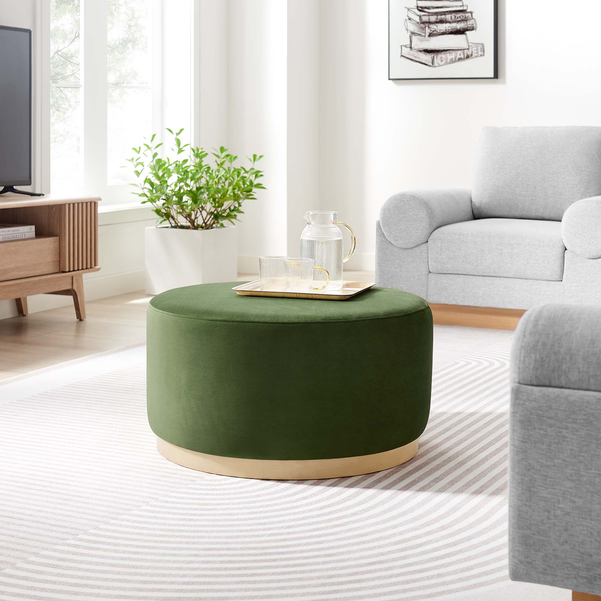 Tilden Large 29" Round Performance Velvet Upholstered Ottoman, Moss Green Natural
