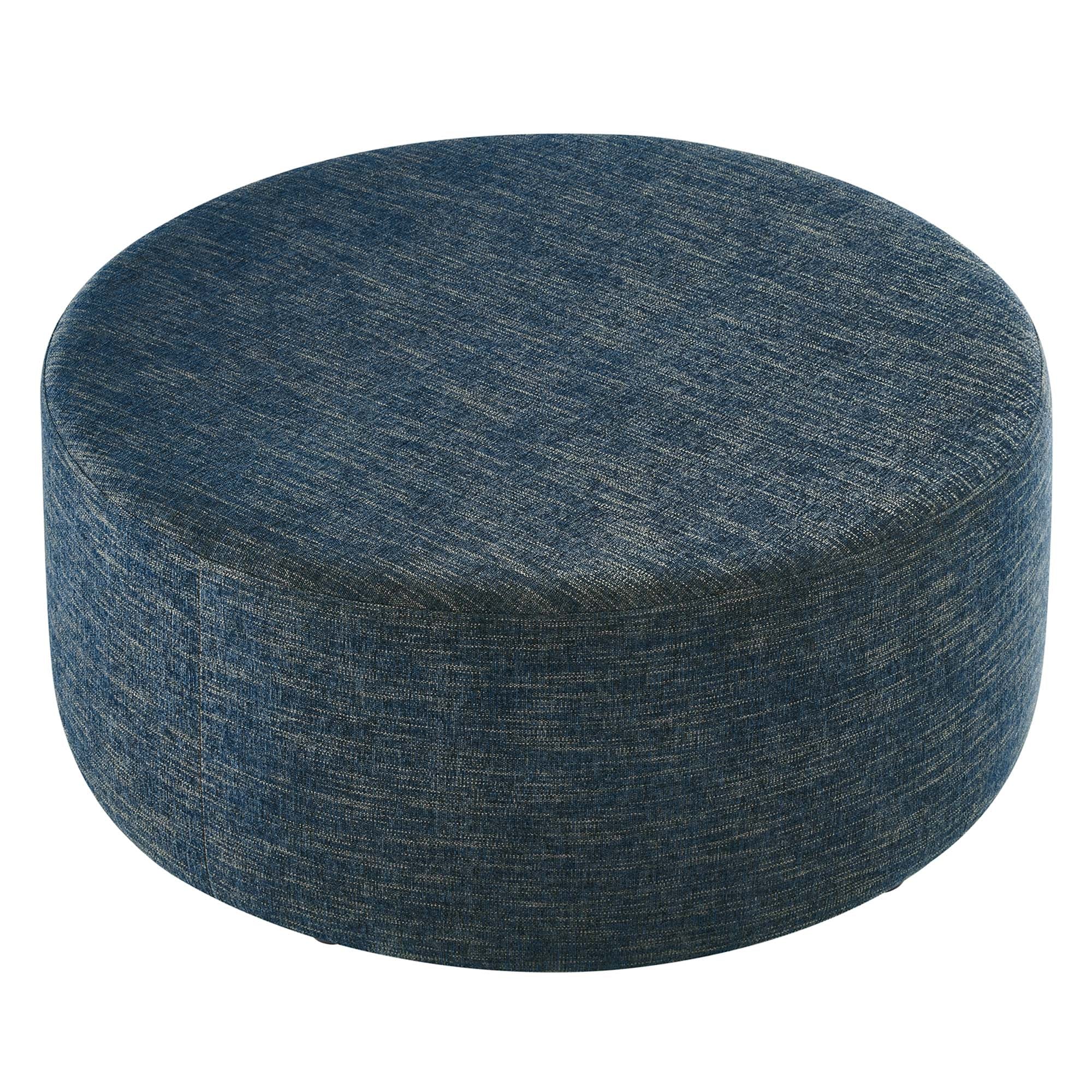Callum Large 38" Round Woven Heathered Fabric Upholstered Ottoman, Heathered Weave Azure