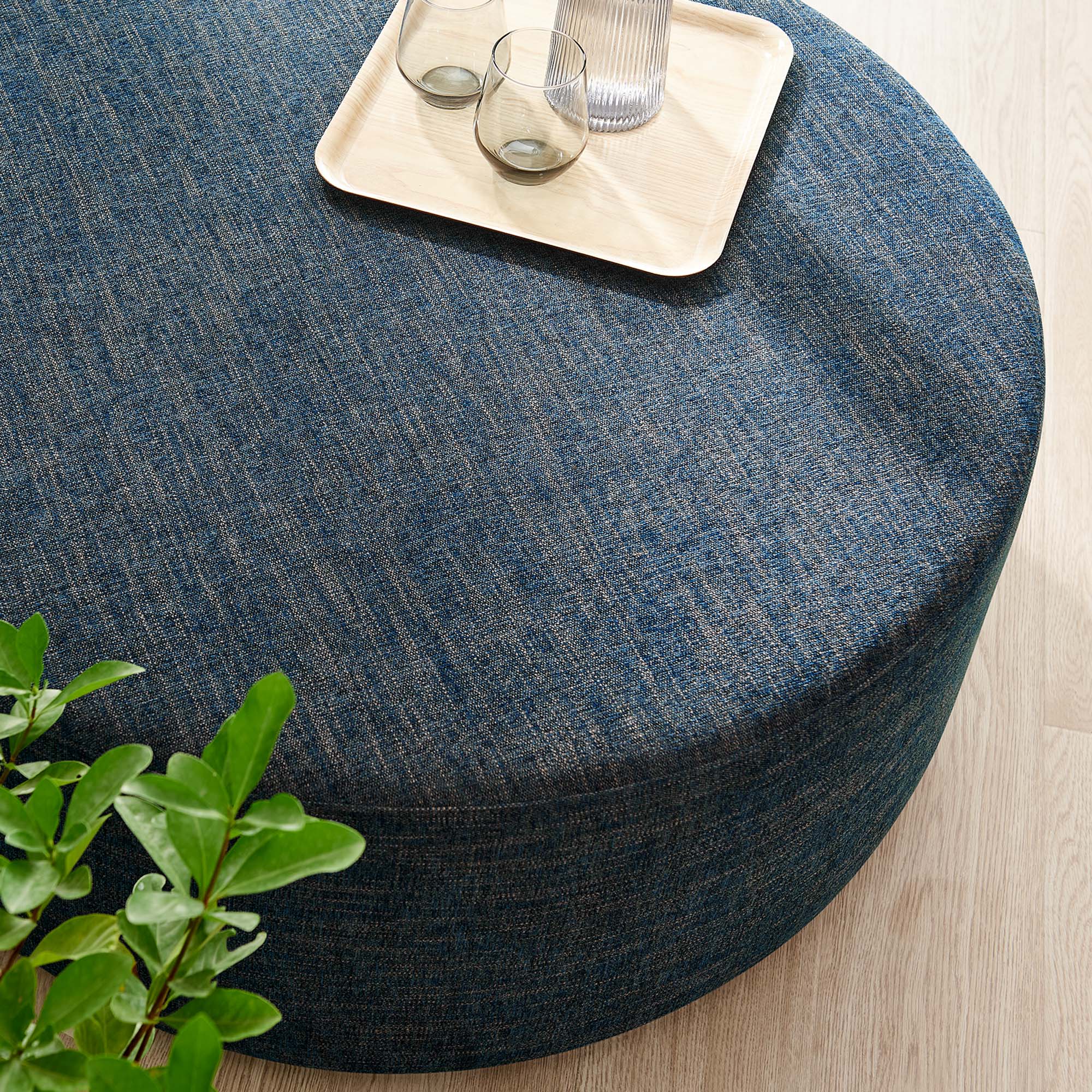 Callum Large 38" Round Woven Heathered Fabric Upholstered Ottoman, Heathered Weave Azure