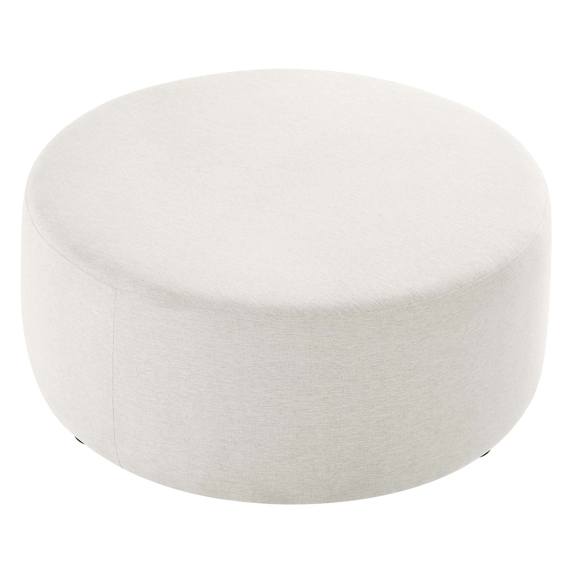 Callum Large 38" Round Woven Heathered Fabric Upholstered Ottoman, Heathered Weave Ivory