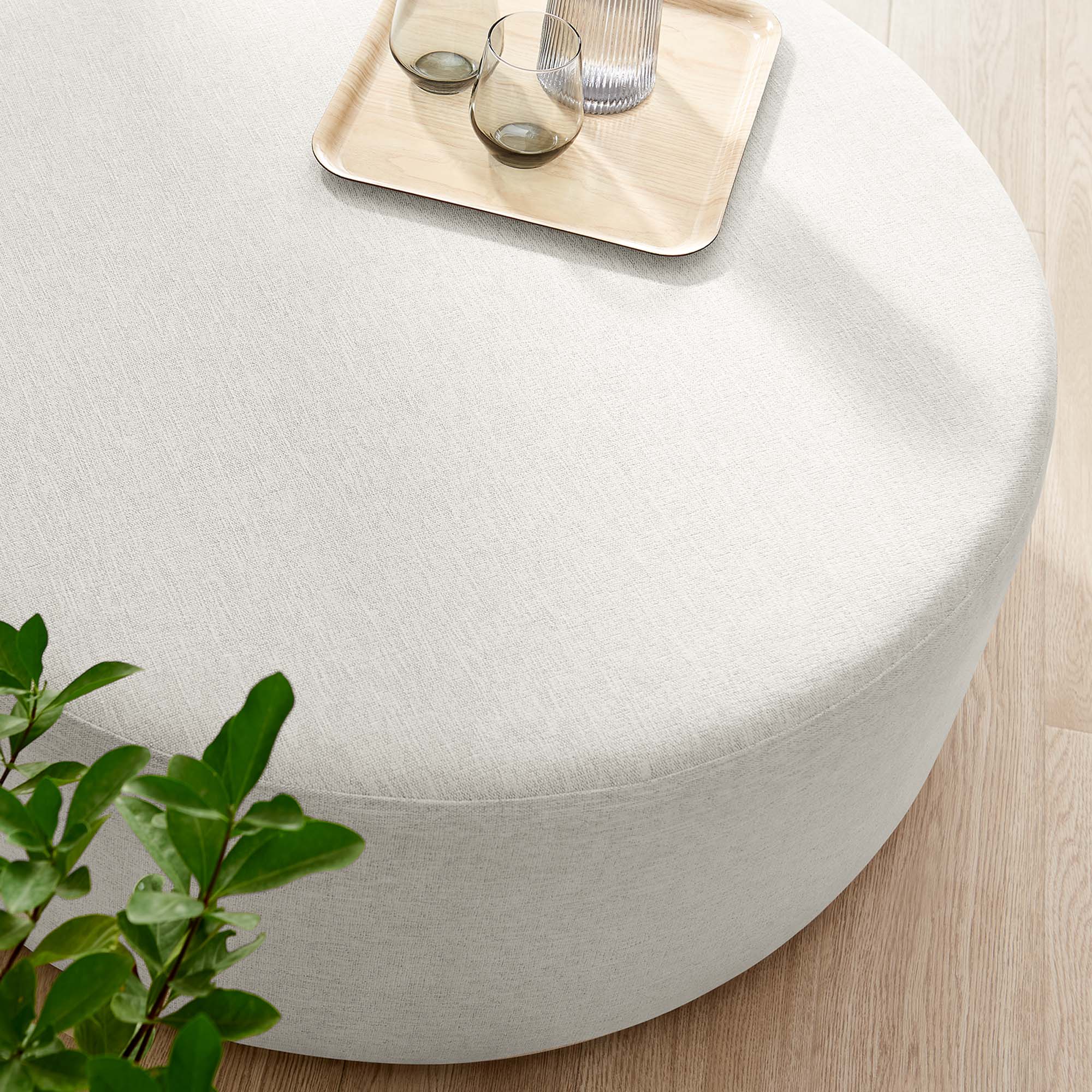 Callum Large 38" Round Woven Heathered Fabric Upholstered Ottoman, Heathered Weave Ivory