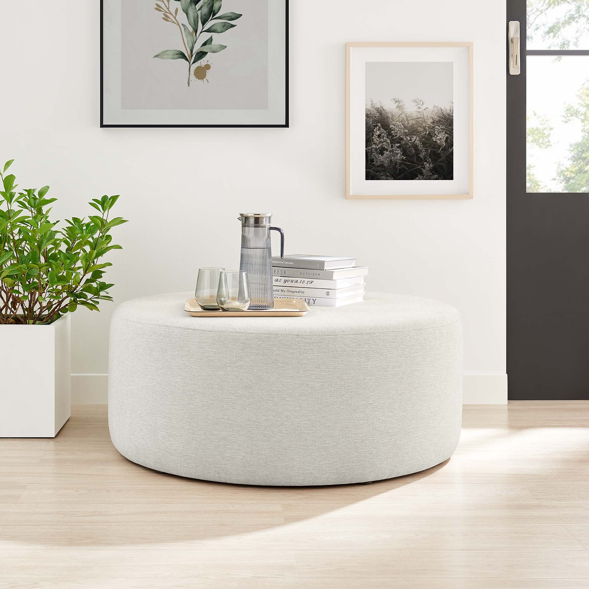Callum Large 38" Round Woven Heathered Fabric Upholstered Ottoman, Heathered Weave Ivory