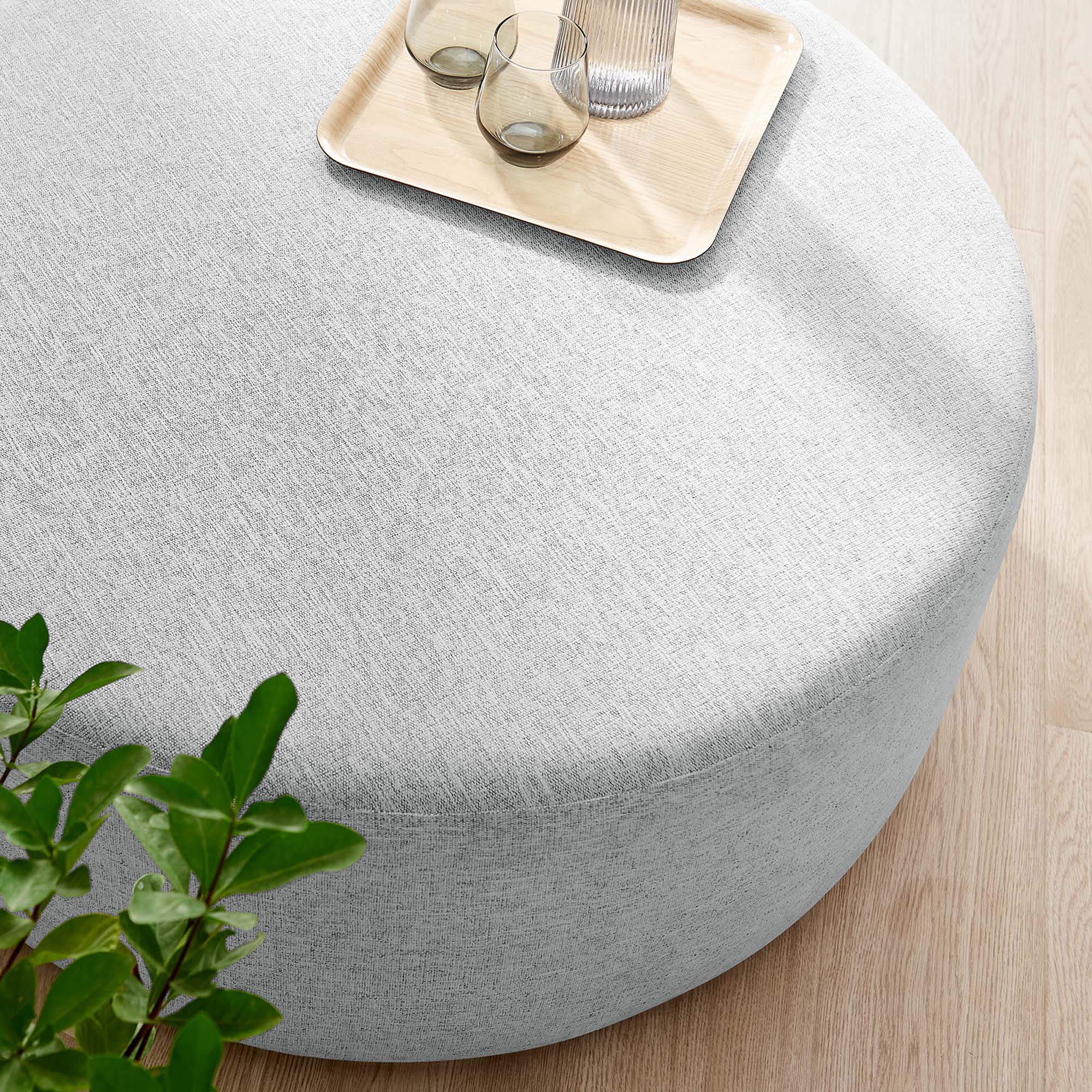 Callum Large 38" Round Woven Heathered Fabric Upholstered Ottoman, Heathered Weave Light Gray