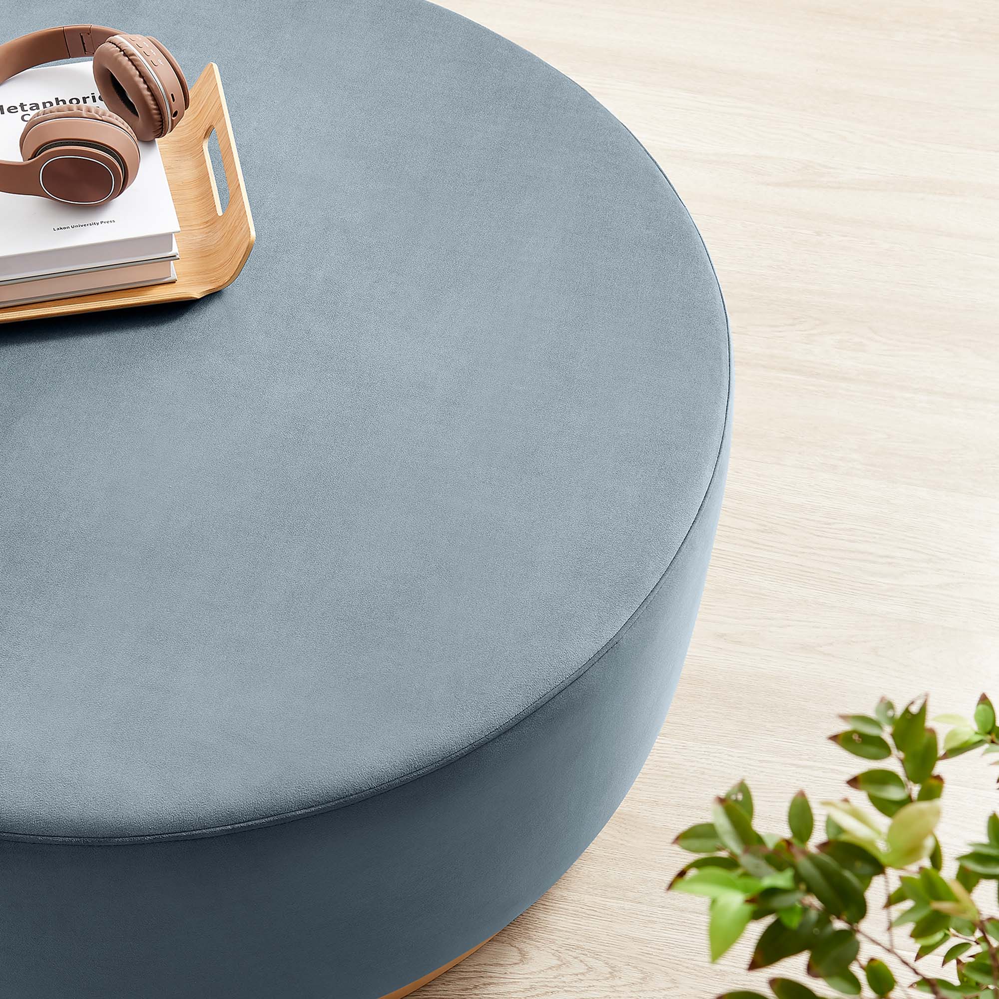 Tilden Large 38" Round Performance Velvet Upholstered Ottoman, Cadet Blue Natural