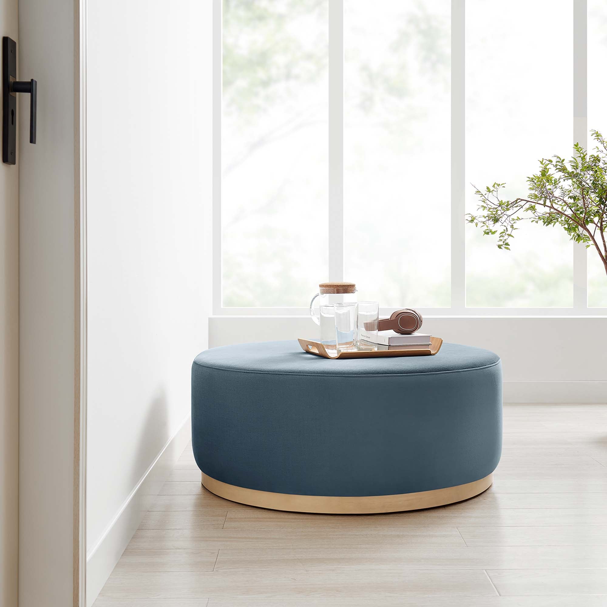 Tilden Large 38" Round Performance Velvet Upholstered Ottoman, Cadet Blue Natural