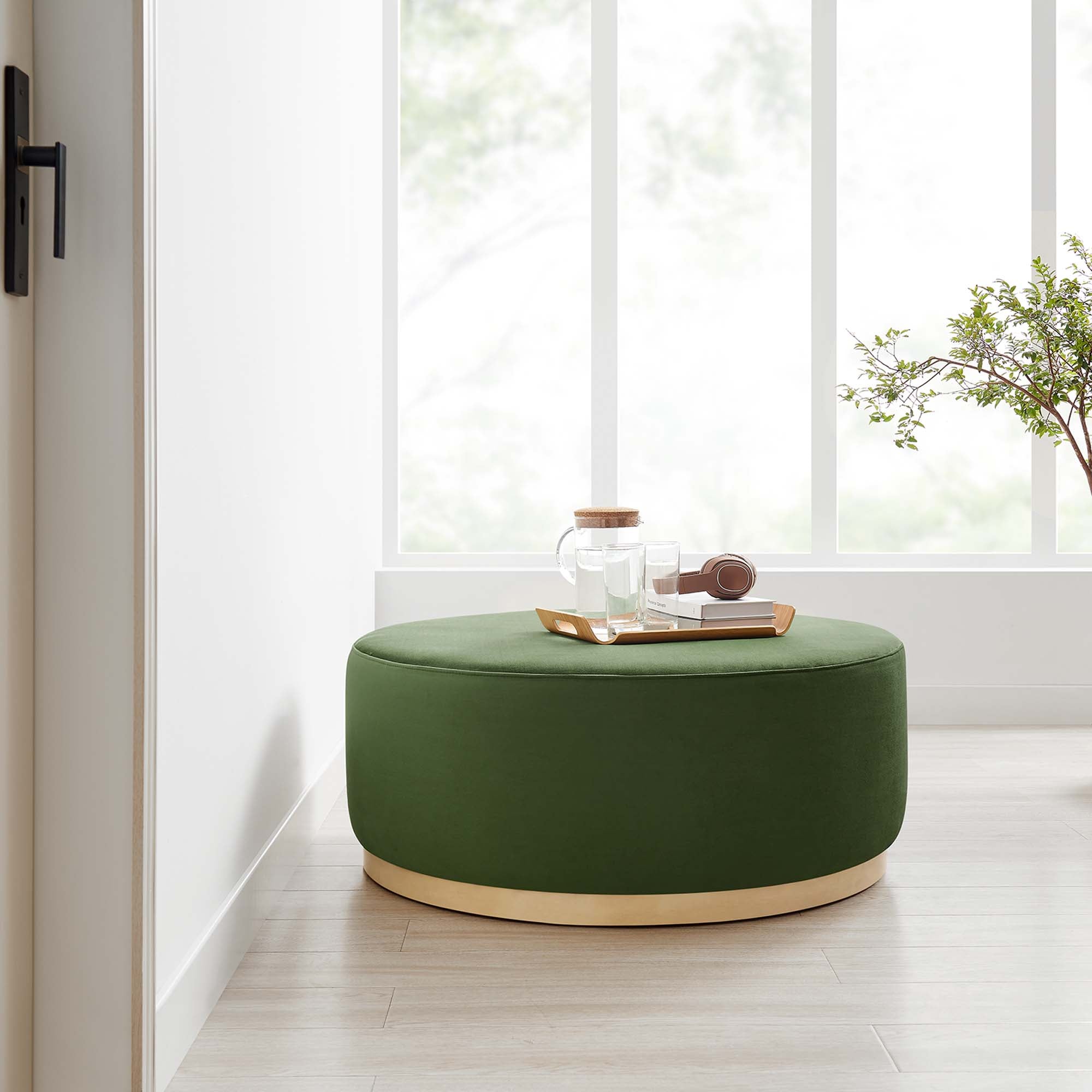 Tilden Large 38" Round Performance Velvet Upholstered Ottoman, Moss Green Natural