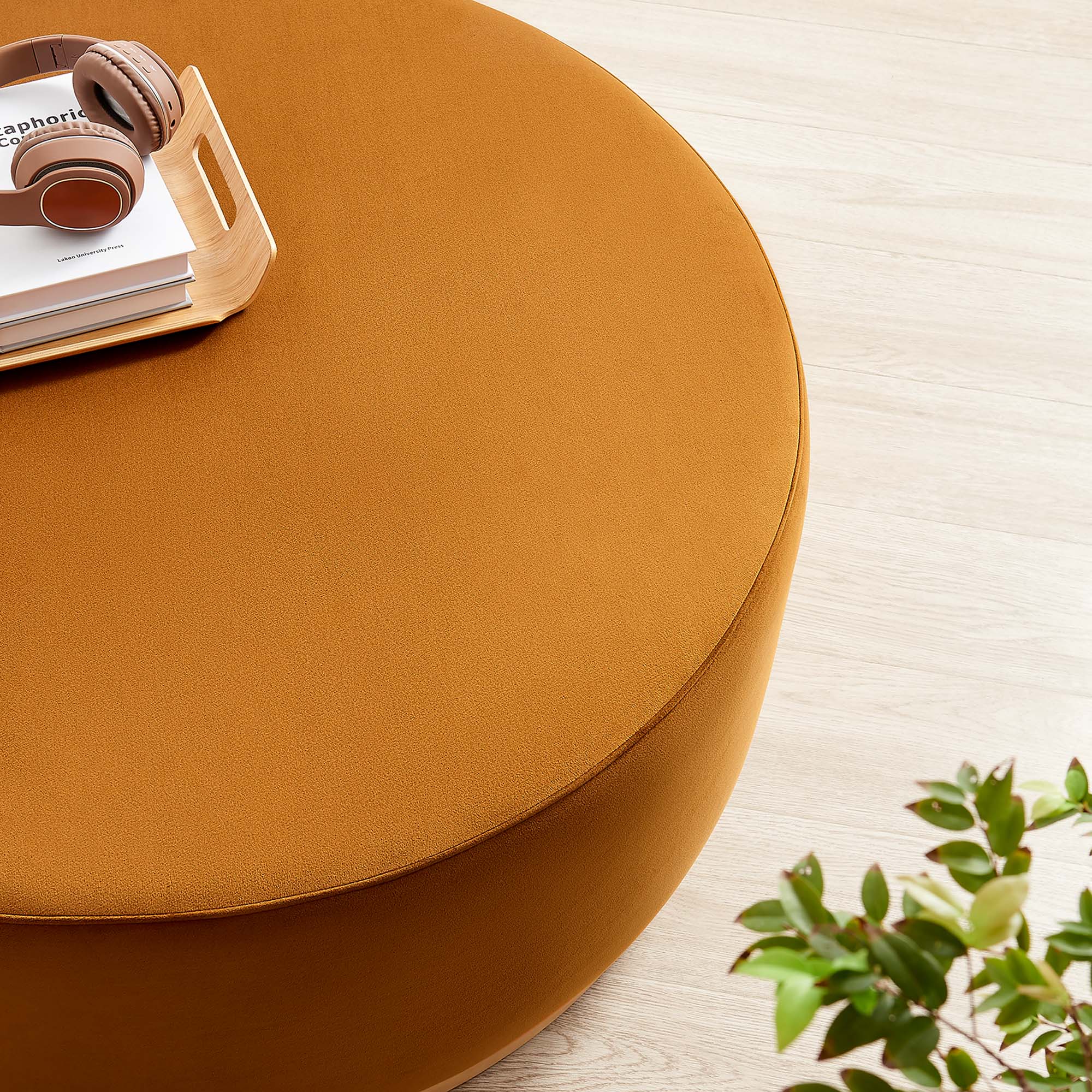 Tilden Large 38" Round Performance Velvet Upholstered Ottoman, Rust Natural