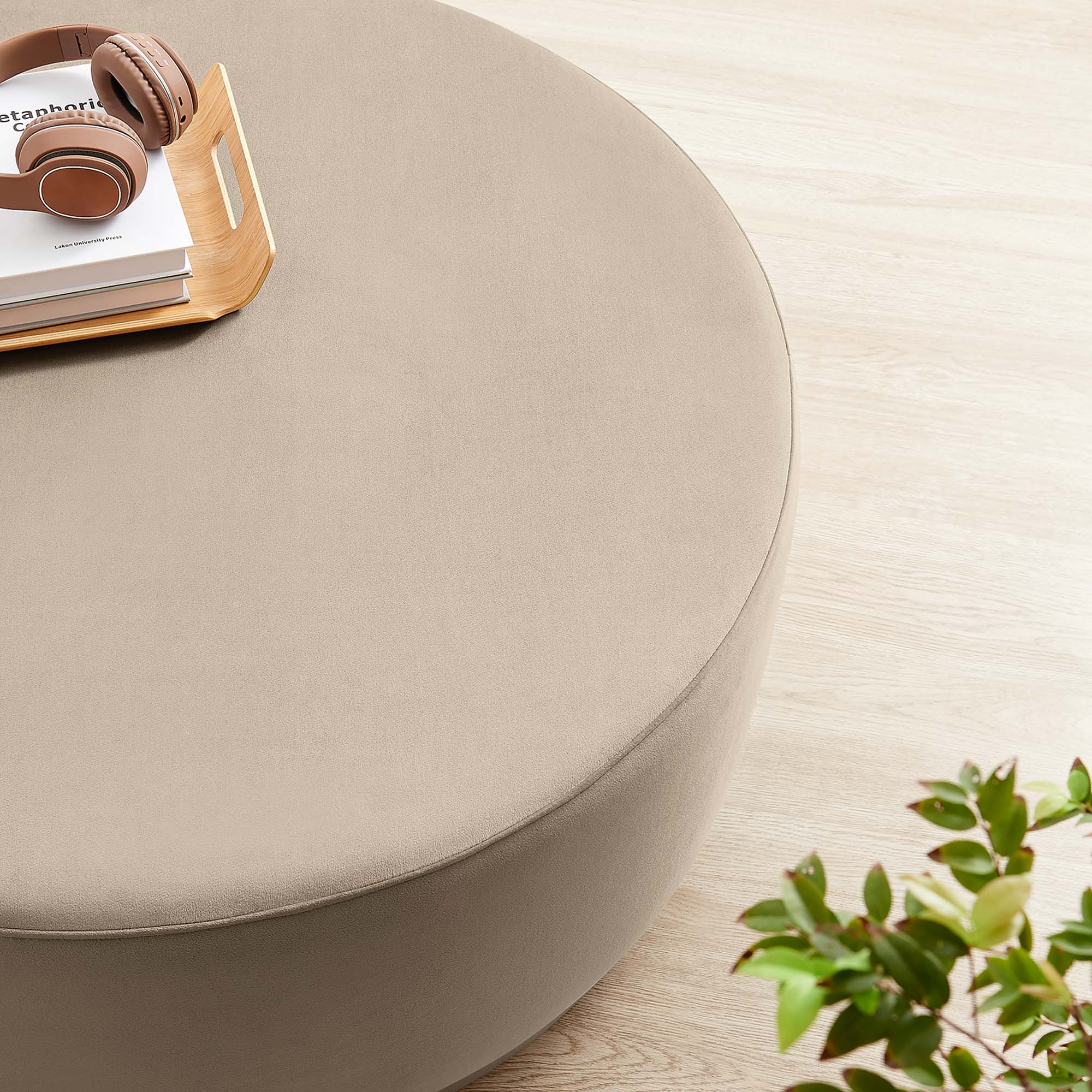 Tilden Large 38" Round Performance Velvet Upholstered Ottoman, Taupe Natural