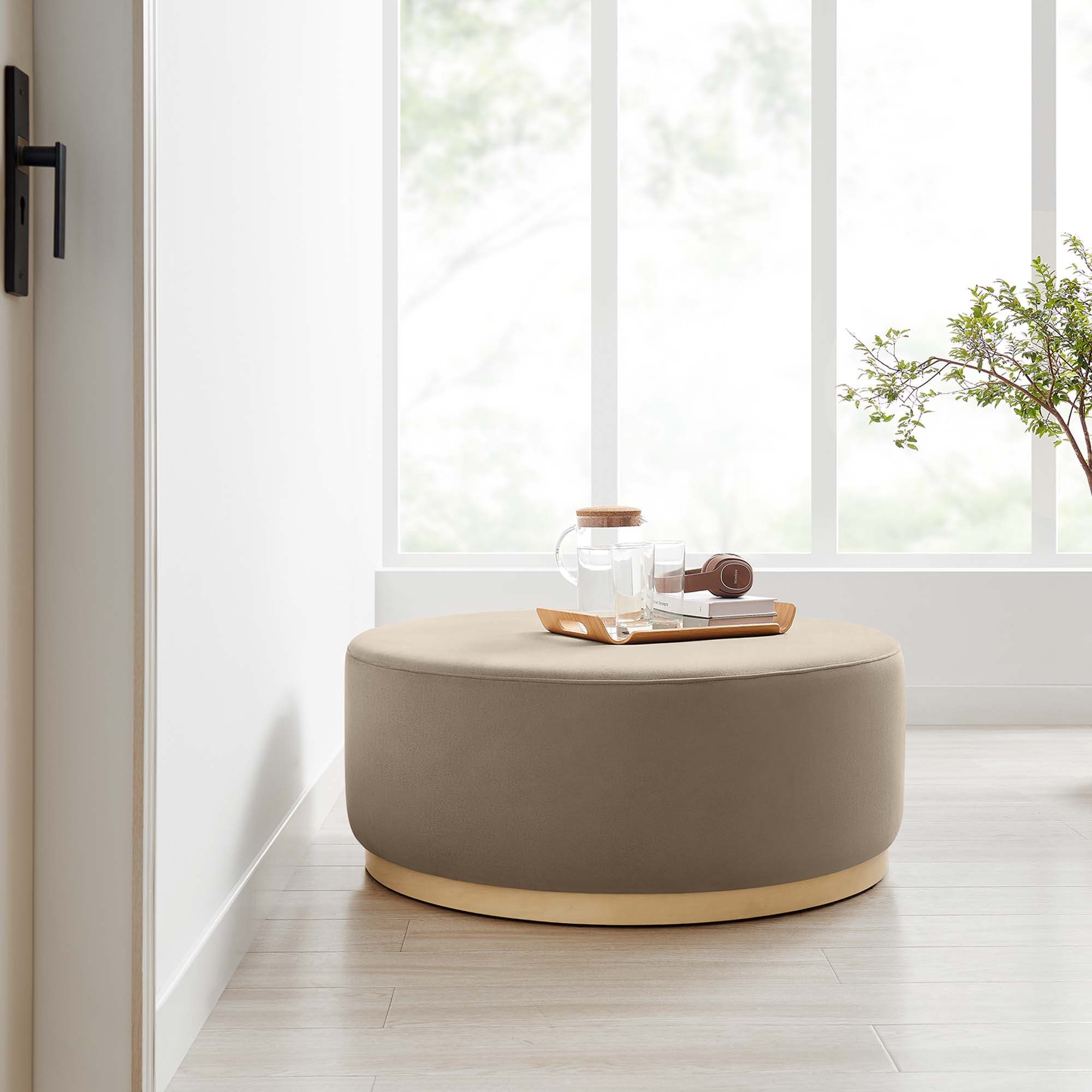 Tilden Large 38" Round Performance Velvet Upholstered Ottoman, Taupe Natural