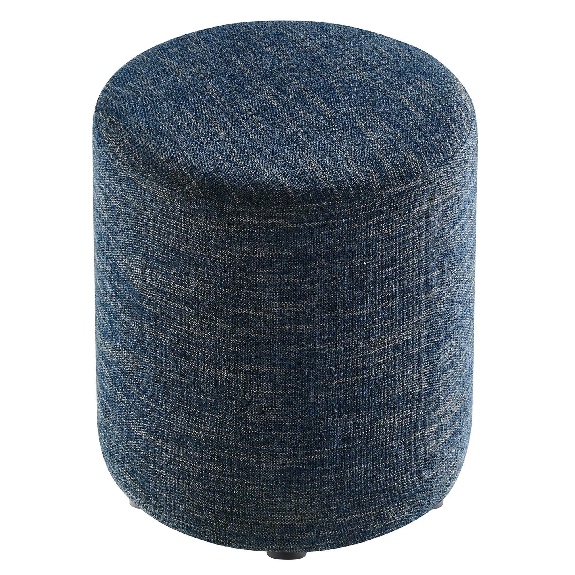 Callum 16" Round Woven Heathered Fabric Upholstered Ottoman, Heathered Weave Azure