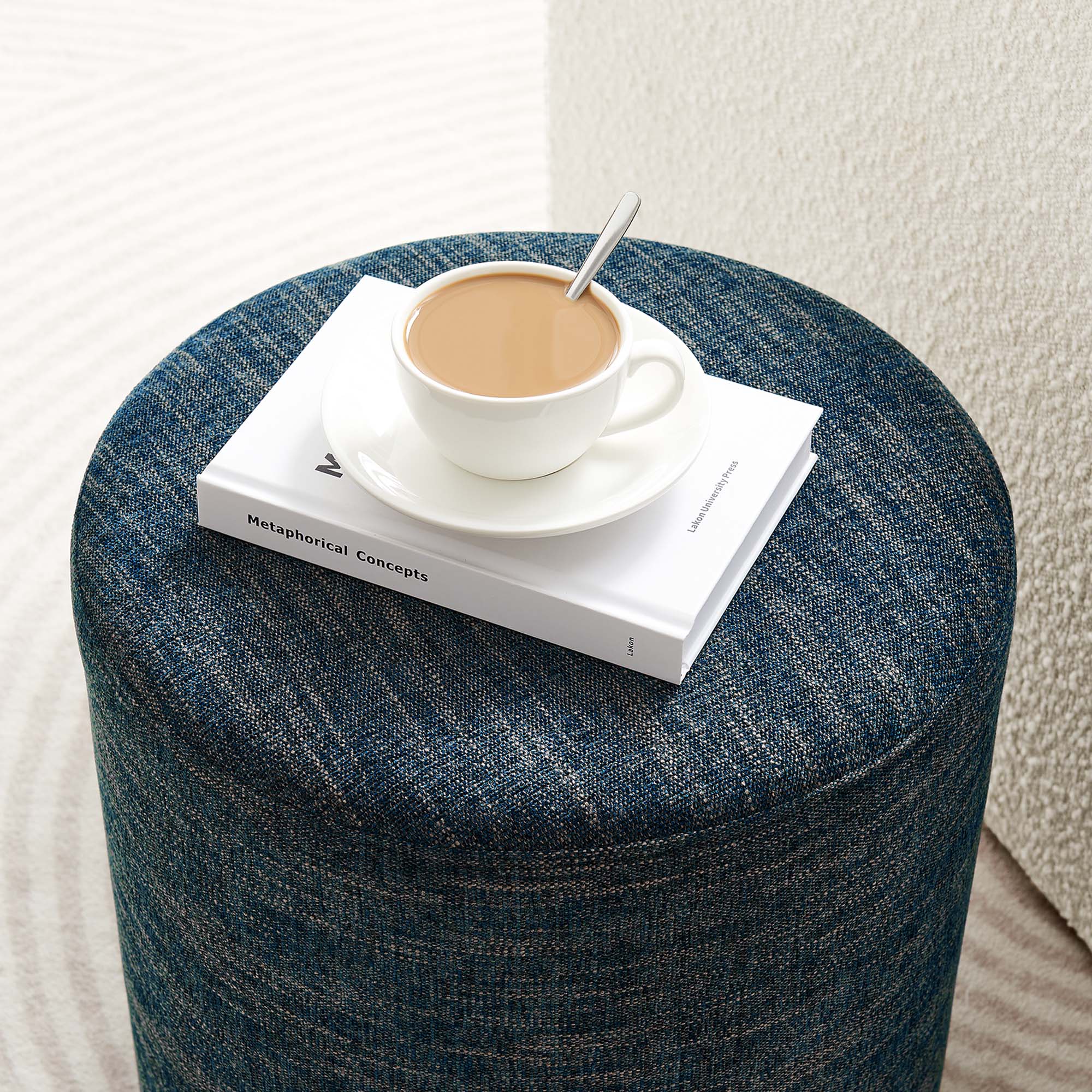 Callum 16" Round Woven Heathered Fabric Upholstered Ottoman, Heathered Weave Azure