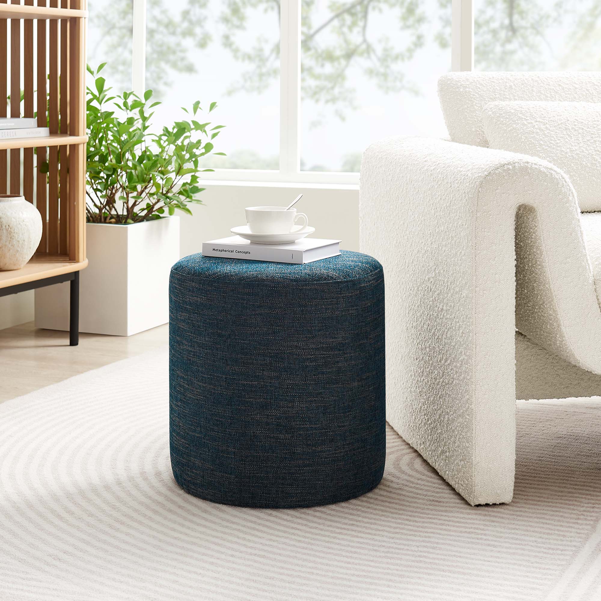 Callum 16" Round Woven Heathered Fabric Upholstered Ottoman, Heathered Weave Azure