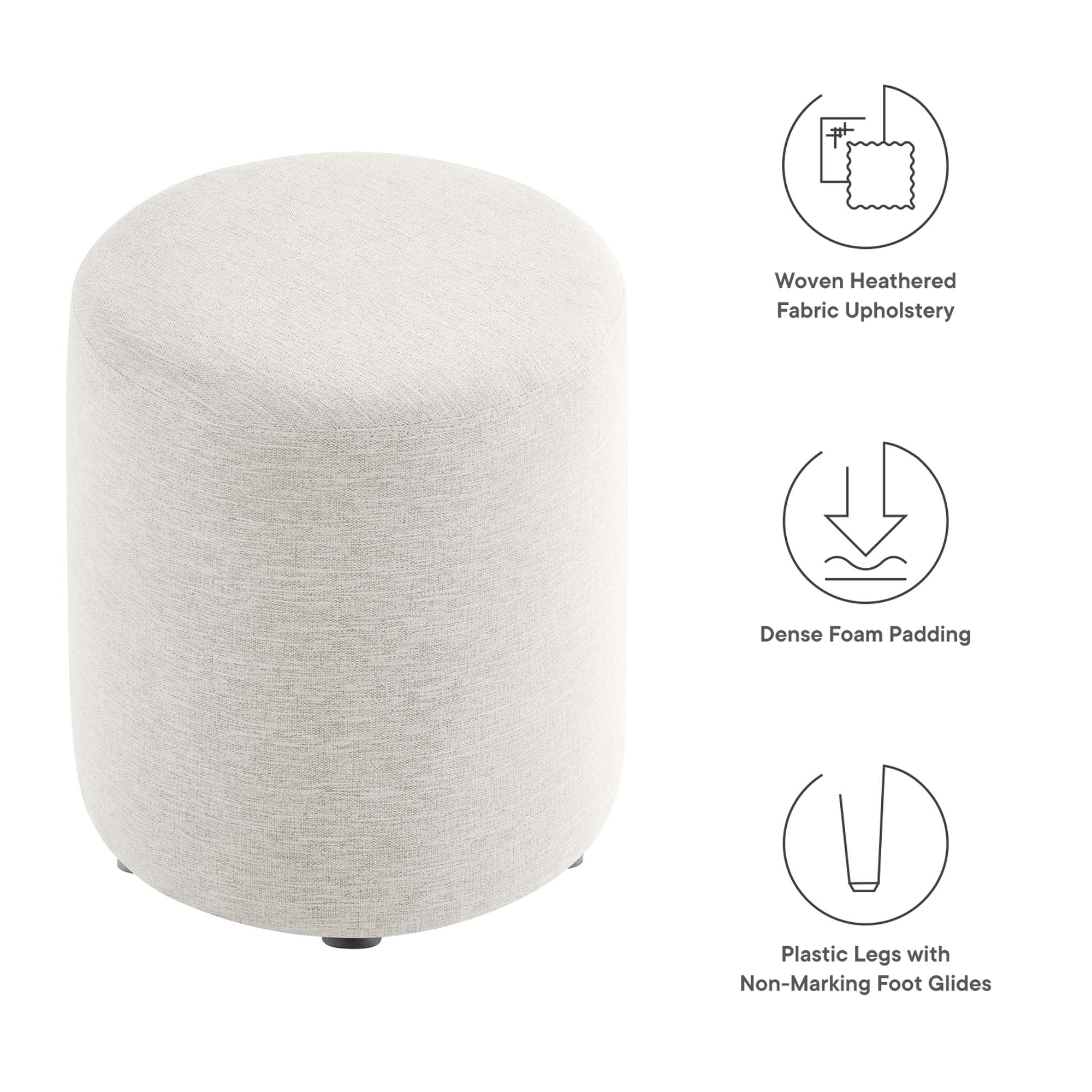 Callum 16" Round Woven Heathered Fabric Upholstered Ottoman, Heathered Weave Ivory