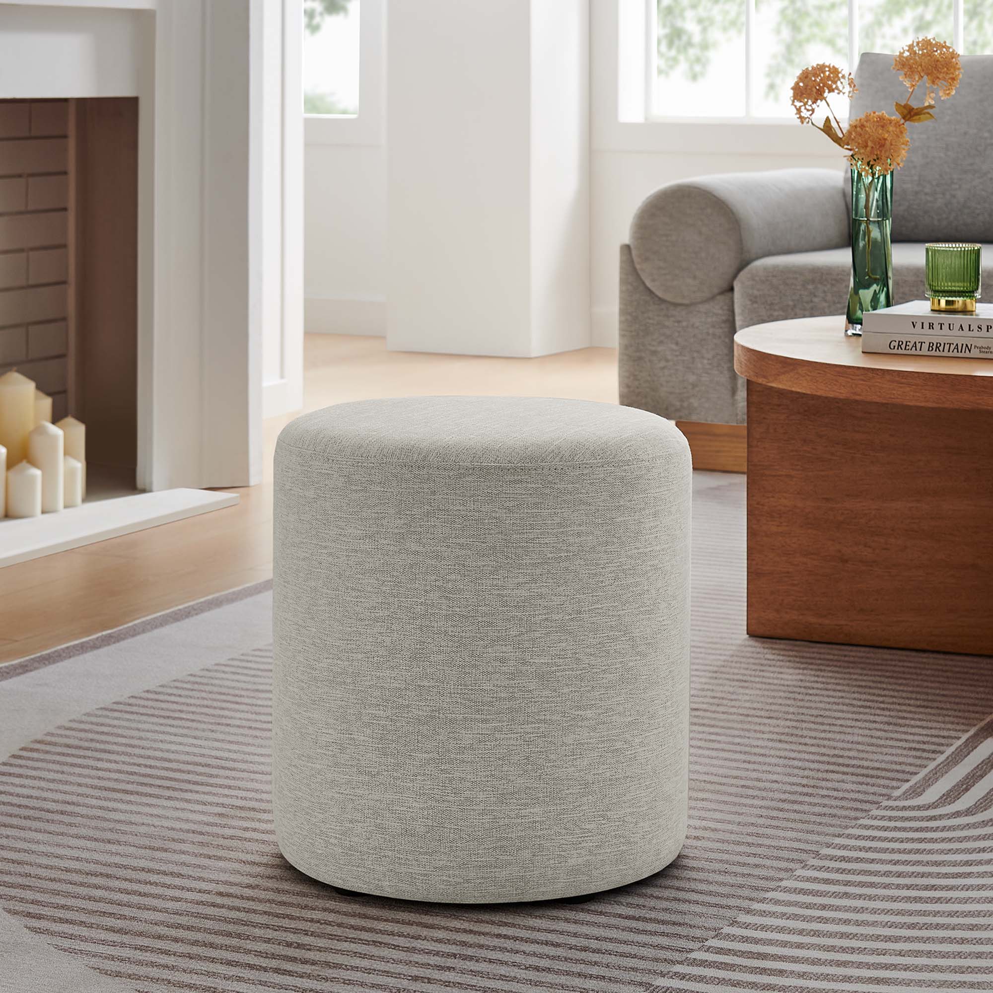 Callum 16" Round Woven Heathered Fabric Upholstered Ottoman, Heathered Weave Ivory