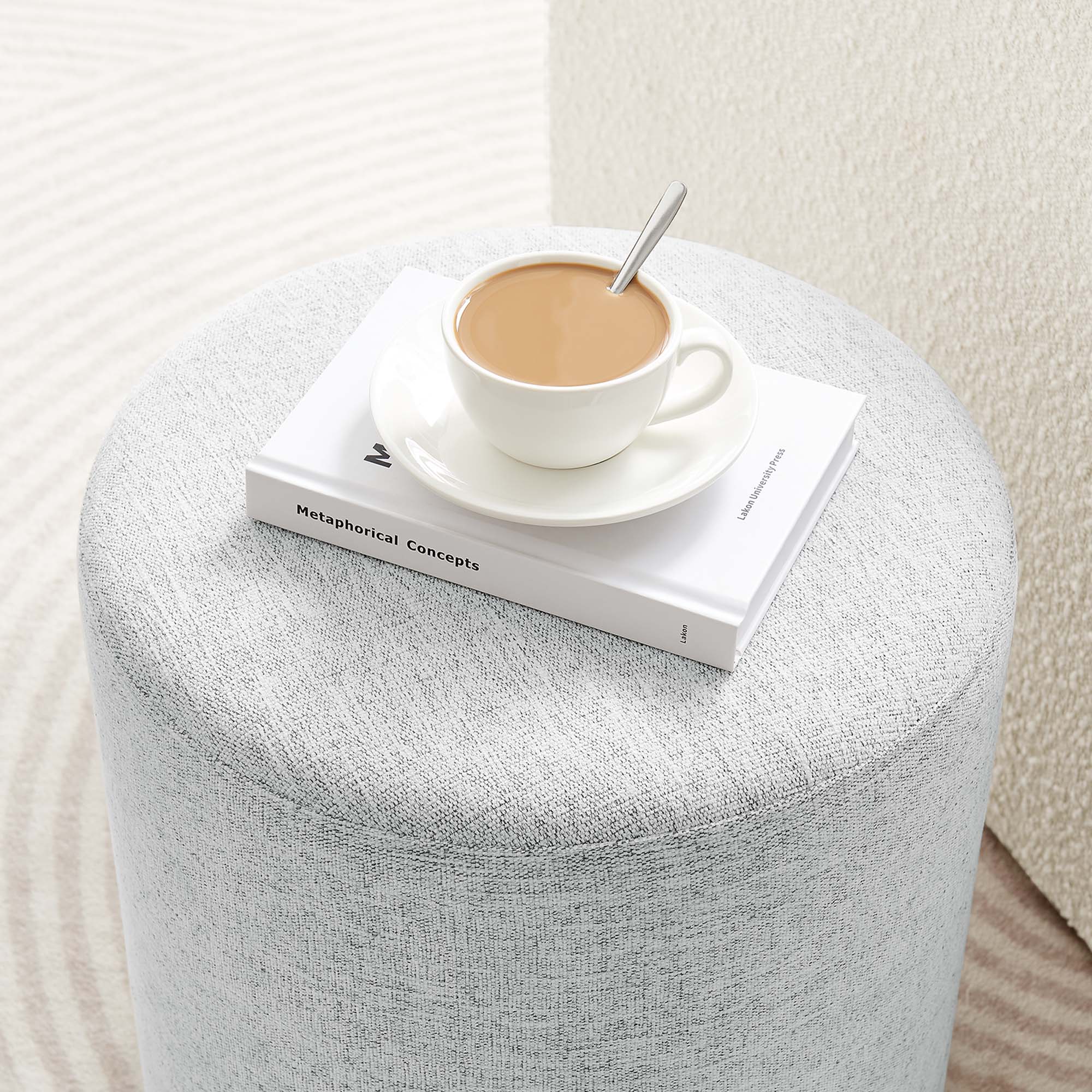 Callum 16" Round Woven Heathered Fabric Upholstered Ottoman, Heathered Weave Light Gray