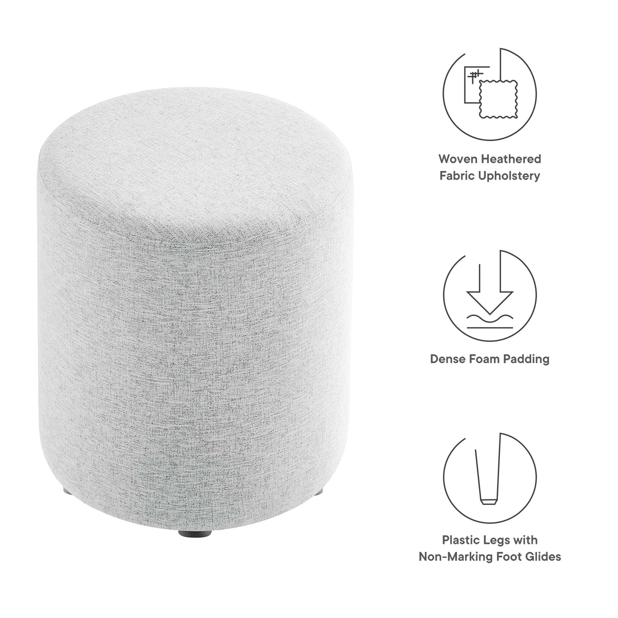Callum 16" Round Woven Heathered Fabric Upholstered Ottoman, Heathered Weave Light Gray