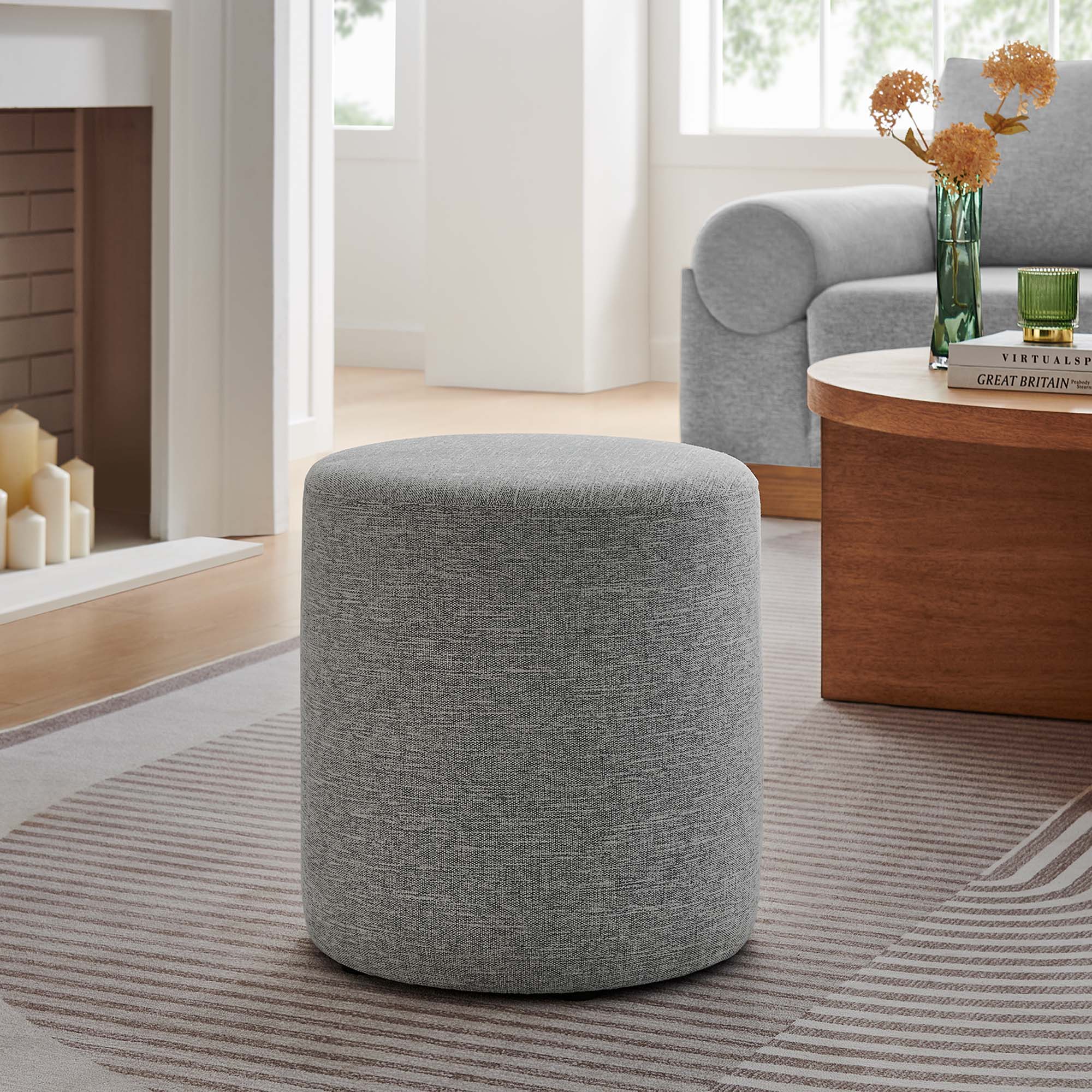 Callum 16" Round Woven Heathered Fabric Upholstered Ottoman, Heathered Weave Light Gray