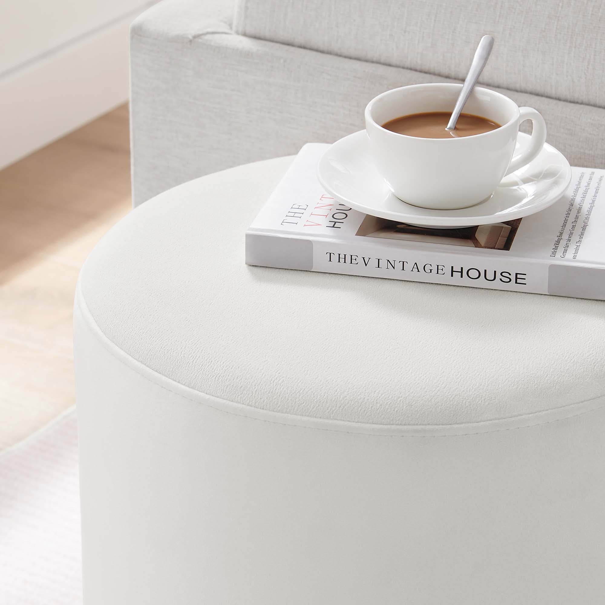 Tilden 16" Round Performance Velvet Upholstered Ottoman, Alabaster Natural