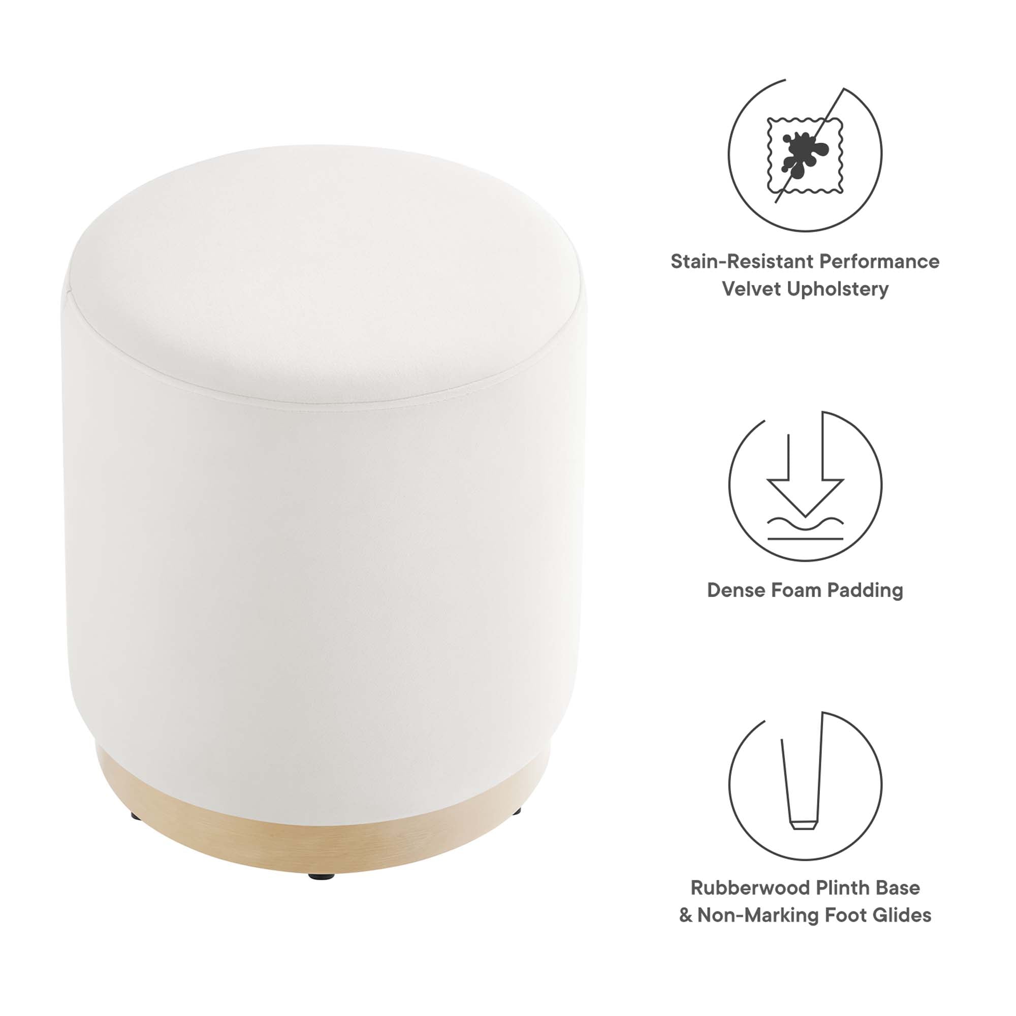Tilden 16" Round Performance Velvet Upholstered Ottoman, Alabaster Natural