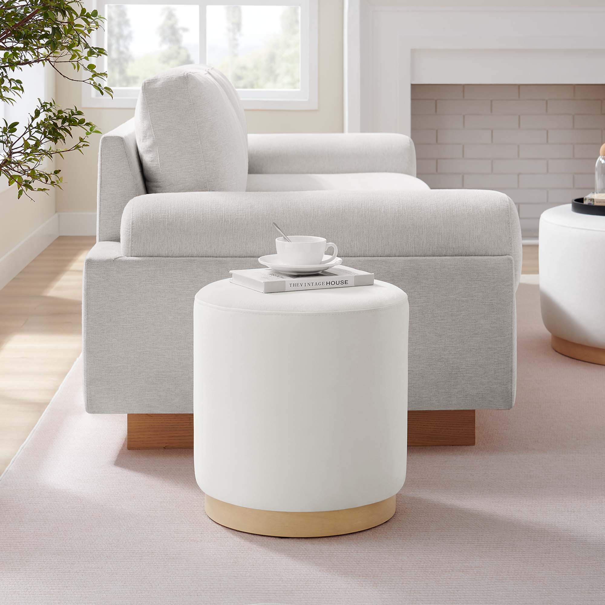 Tilden 16" Round Performance Velvet Upholstered Ottoman, Alabaster Natural