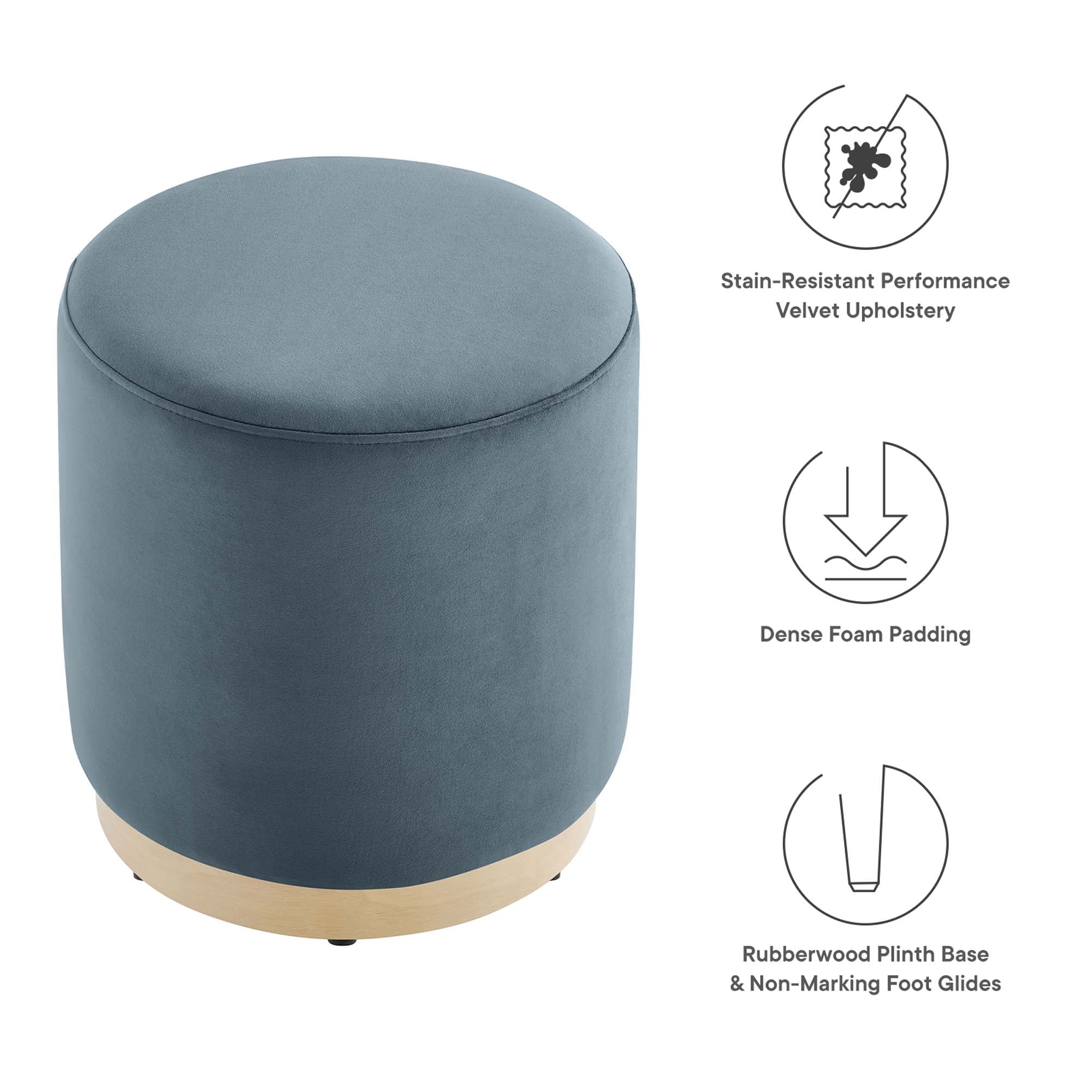 Tilden 16" Round Performance Velvet Upholstered Ottoman, Cadet Blue Natural