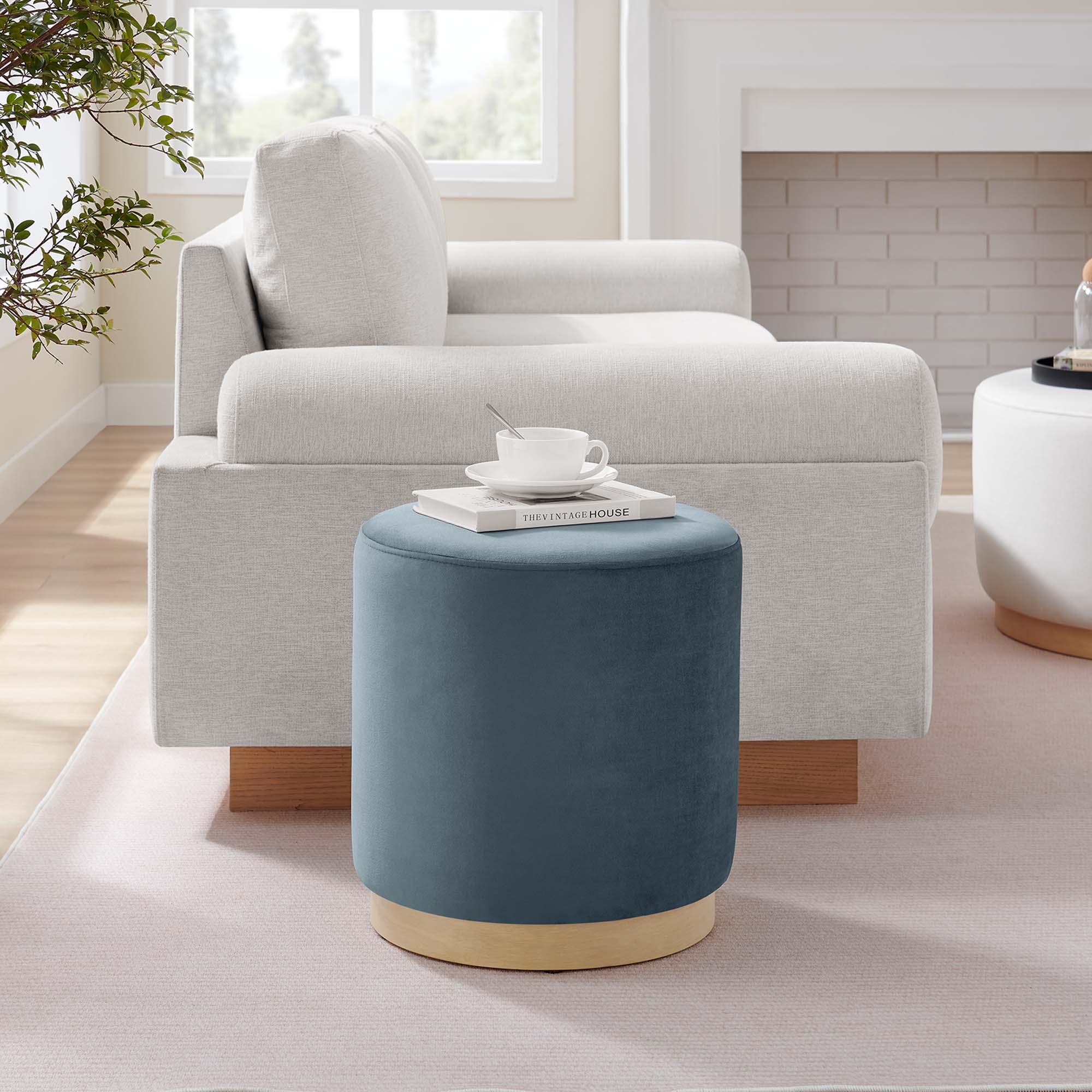 Tilden 16" Round Performance Velvet Upholstered Ottoman, Cadet Blue Natural