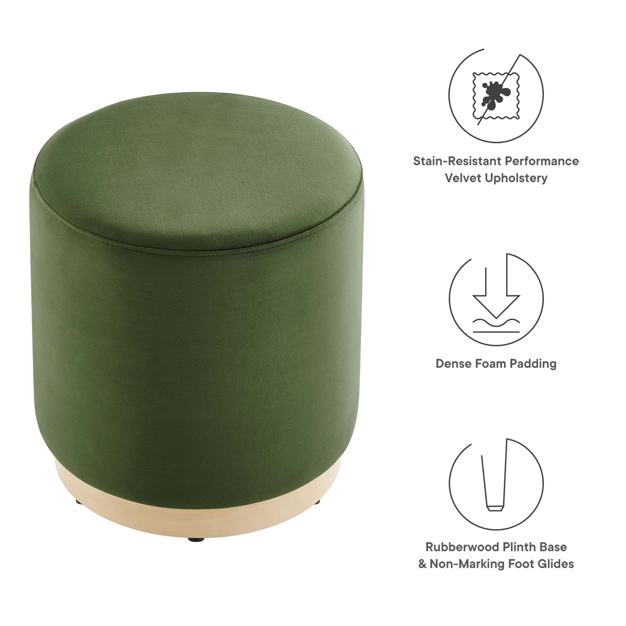 Tilden 16" Round Performance Velvet Upholstered Ottoman, Moss Green Natural