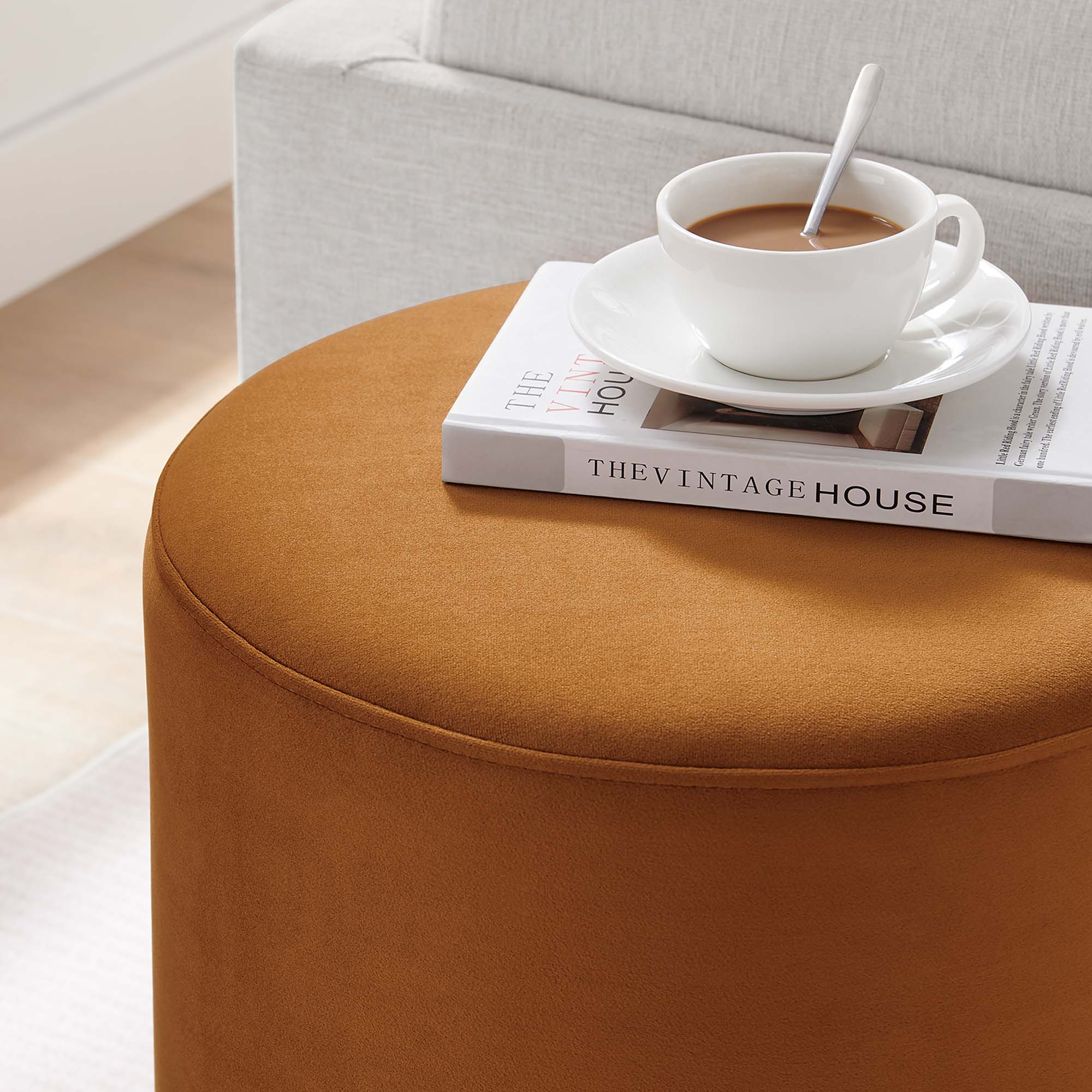Tilden 16" Round Performance Velvet Upholstered Ottoman, Rust Natural