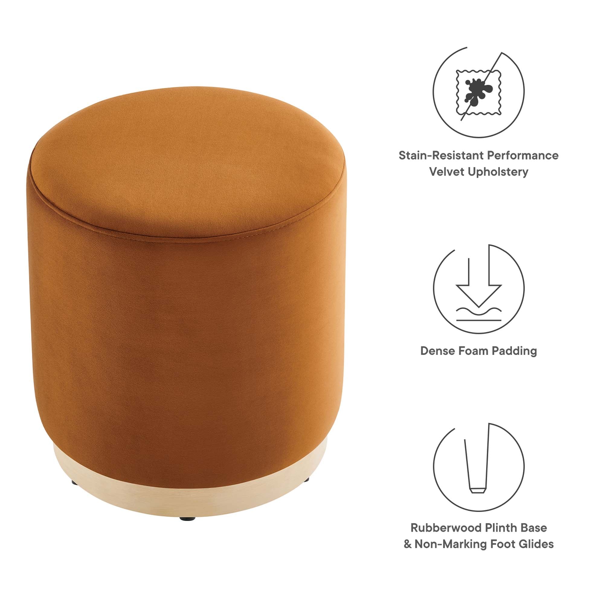 Tilden 16" Round Performance Velvet Upholstered Ottoman, Rust Natural
