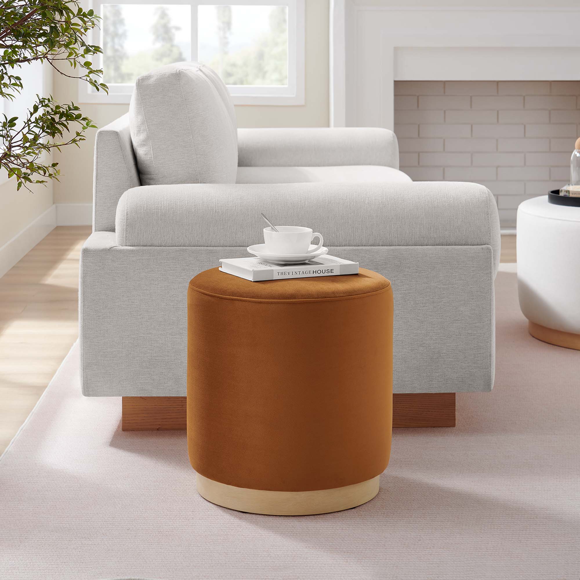 Tilden 16" Round Performance Velvet Upholstered Ottoman, Rust Natural