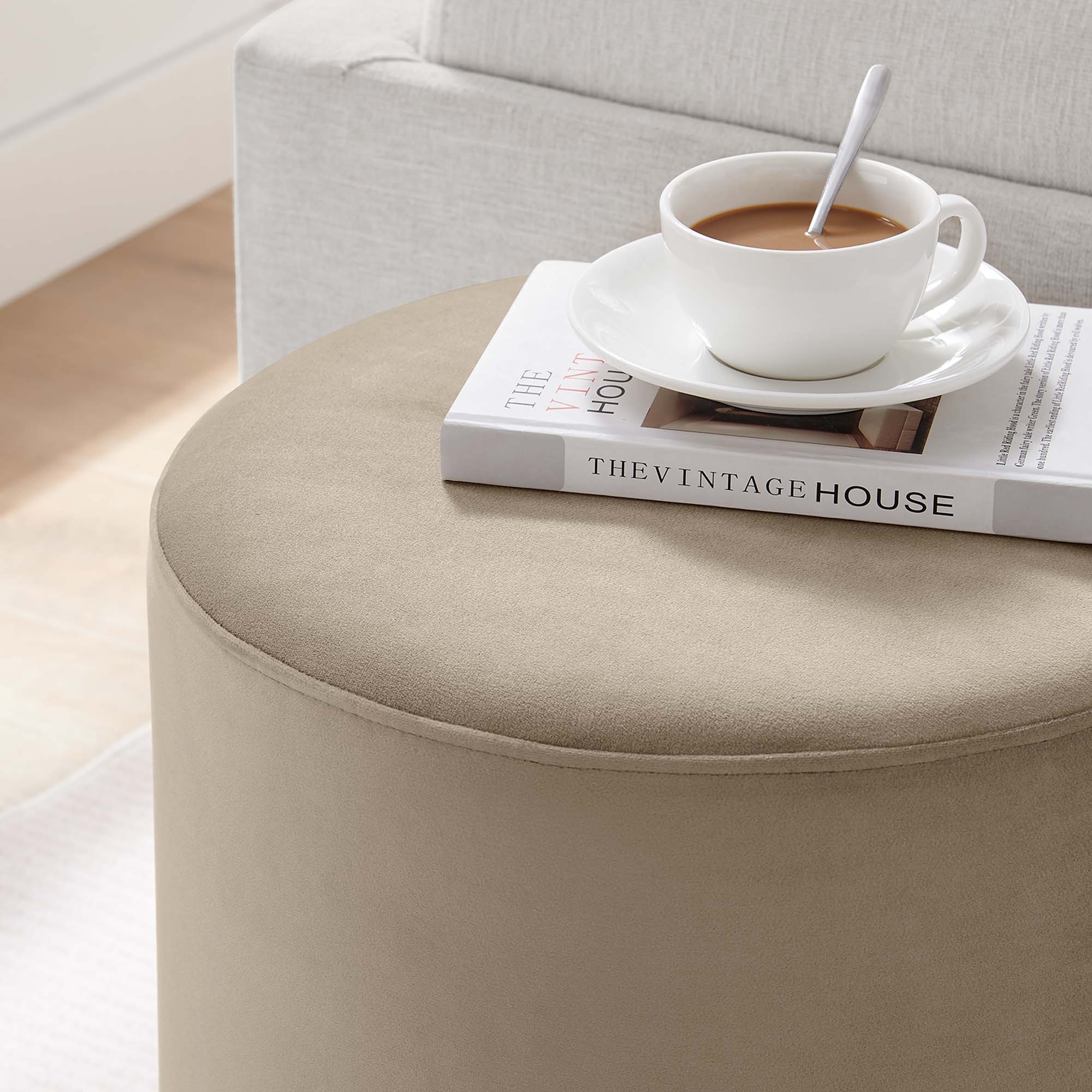 Tilden 16" Round Performance Velvet Upholstered Ottoman, Taupe Natural