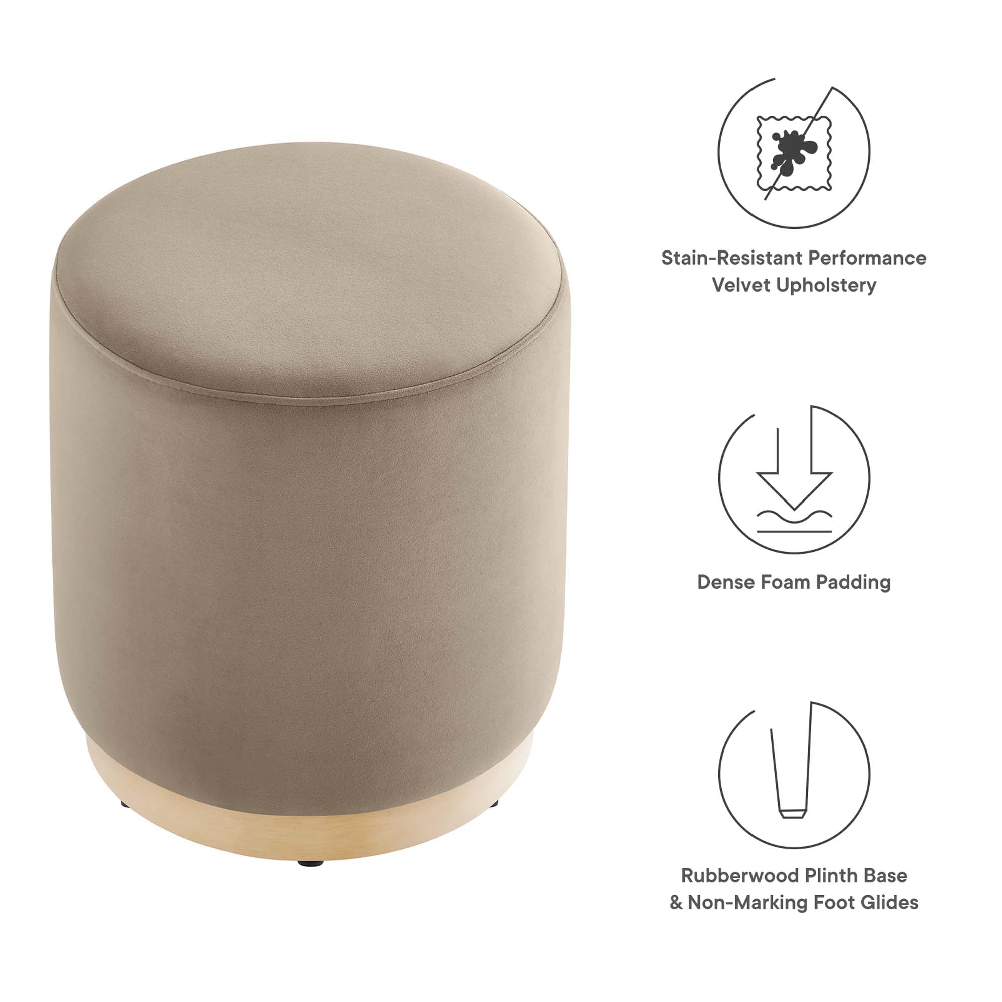 Tilden 16" Round Performance Velvet Upholstered Ottoman, Taupe Natural