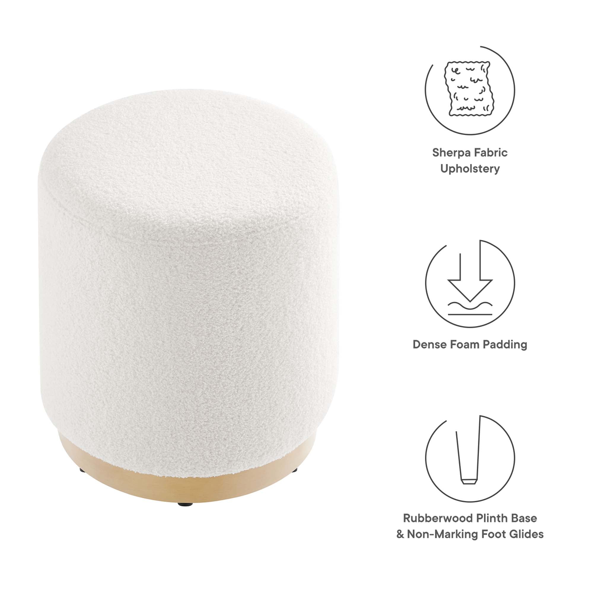 Tilden 16" Round Sherpa Upholstered Ottoman, Ivory Natural