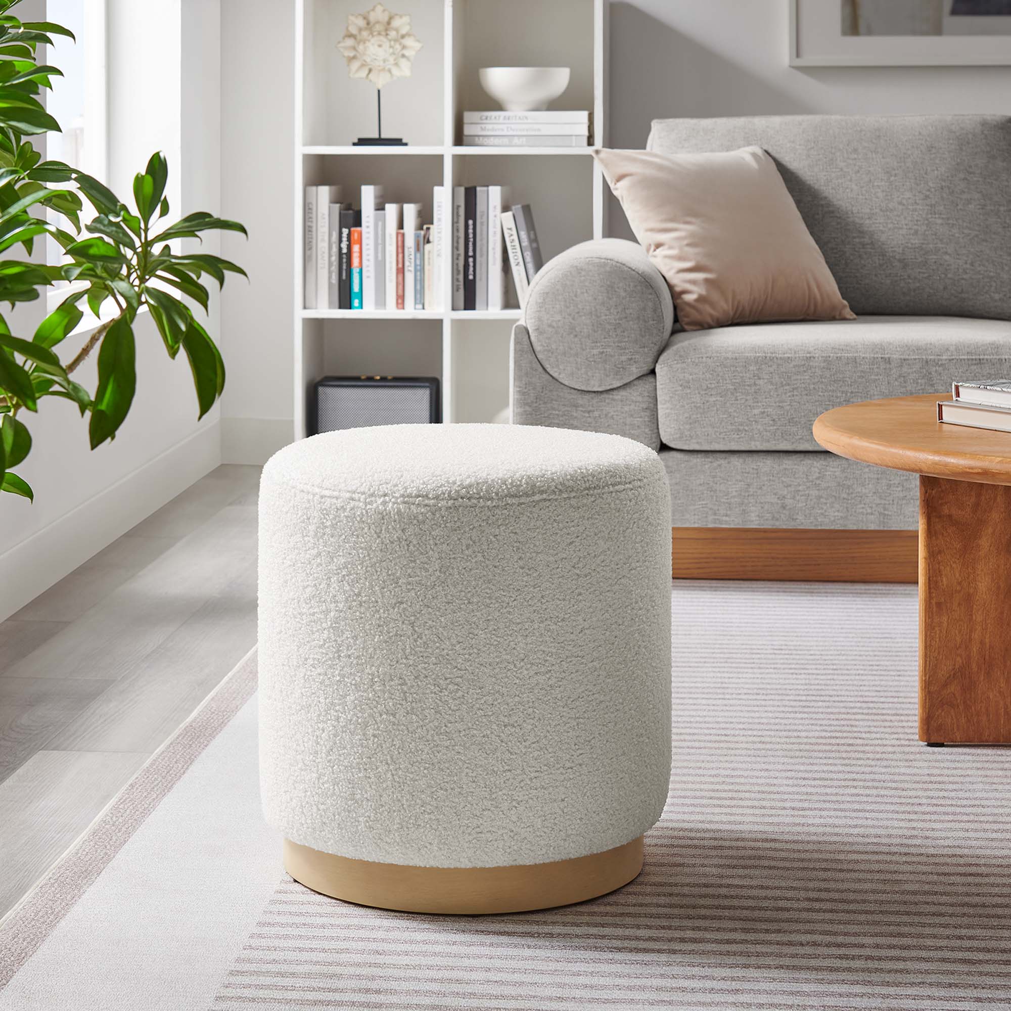 Tilden 16" Round Sherpa Upholstered Ottoman, Ivory Natural