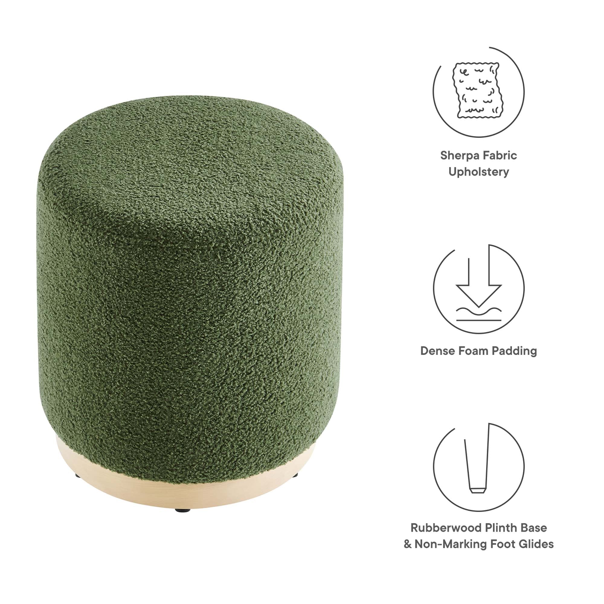 Tilden 16" Round Sherpa Upholstered Ottoman, Moss Green Natural