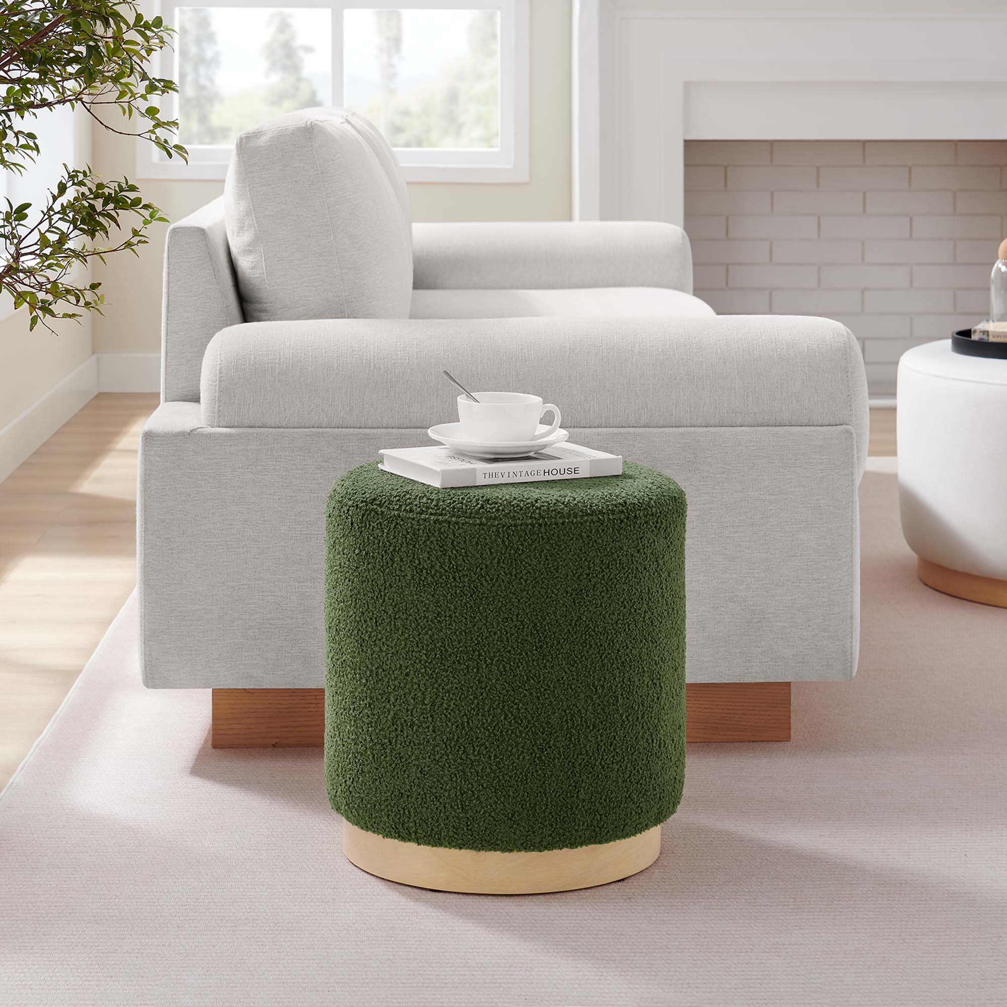 Tilden 16" Round Sherpa Upholstered Ottoman, Moss Green Natural