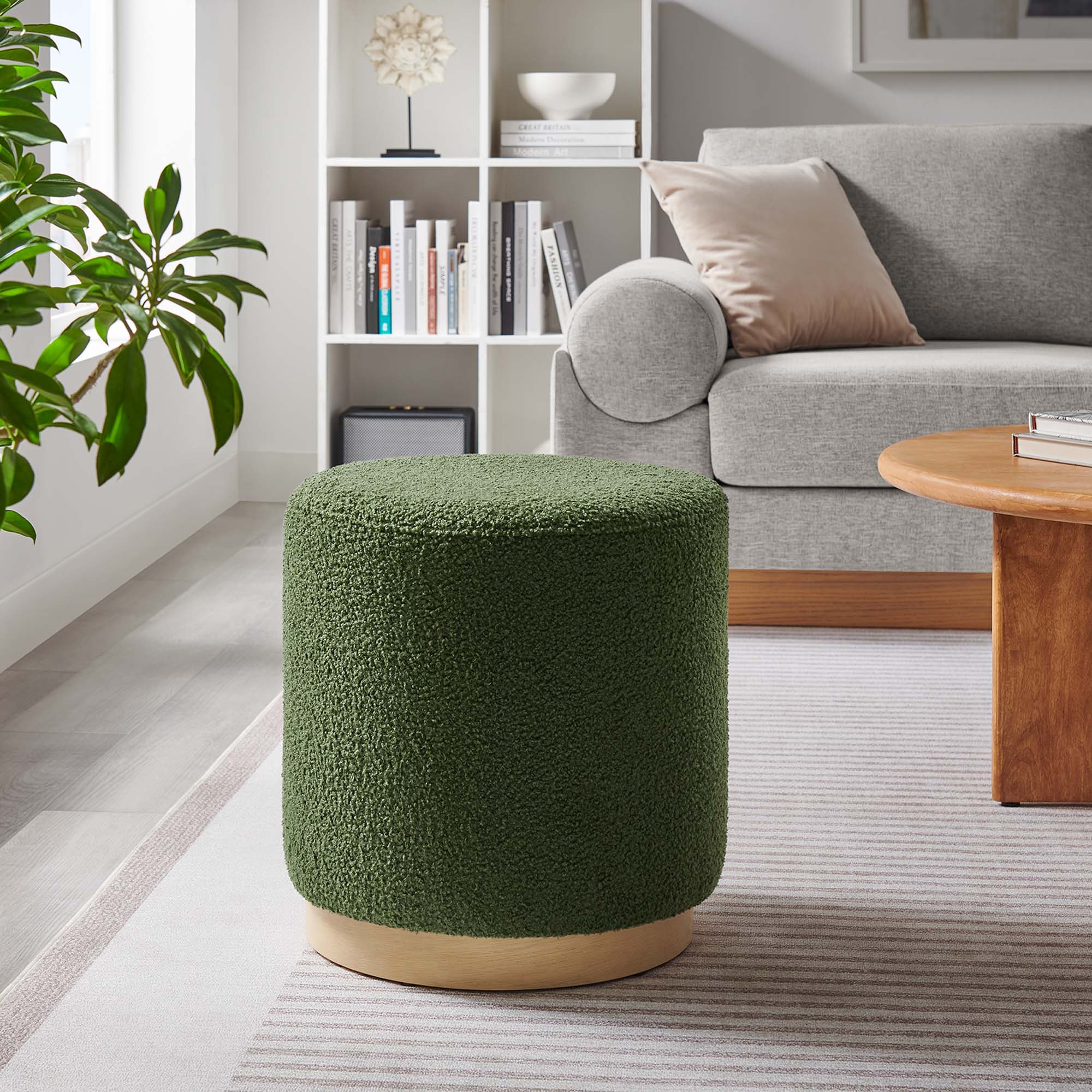 Tilden 16" Round Sherpa Upholstered Ottoman, Moss Green Natural