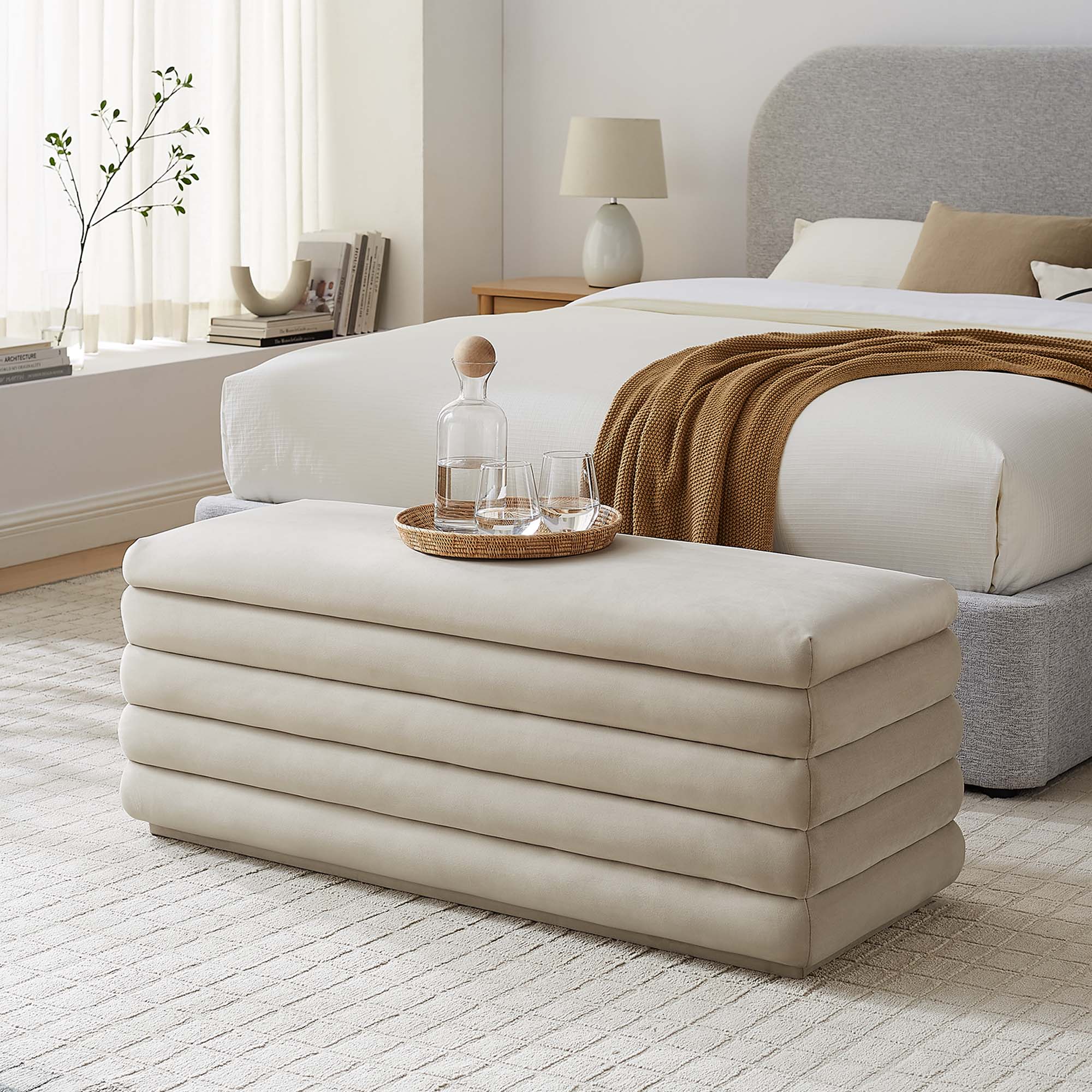 Mezzo Upholstered Performance Velvet Storage Bench, Almond